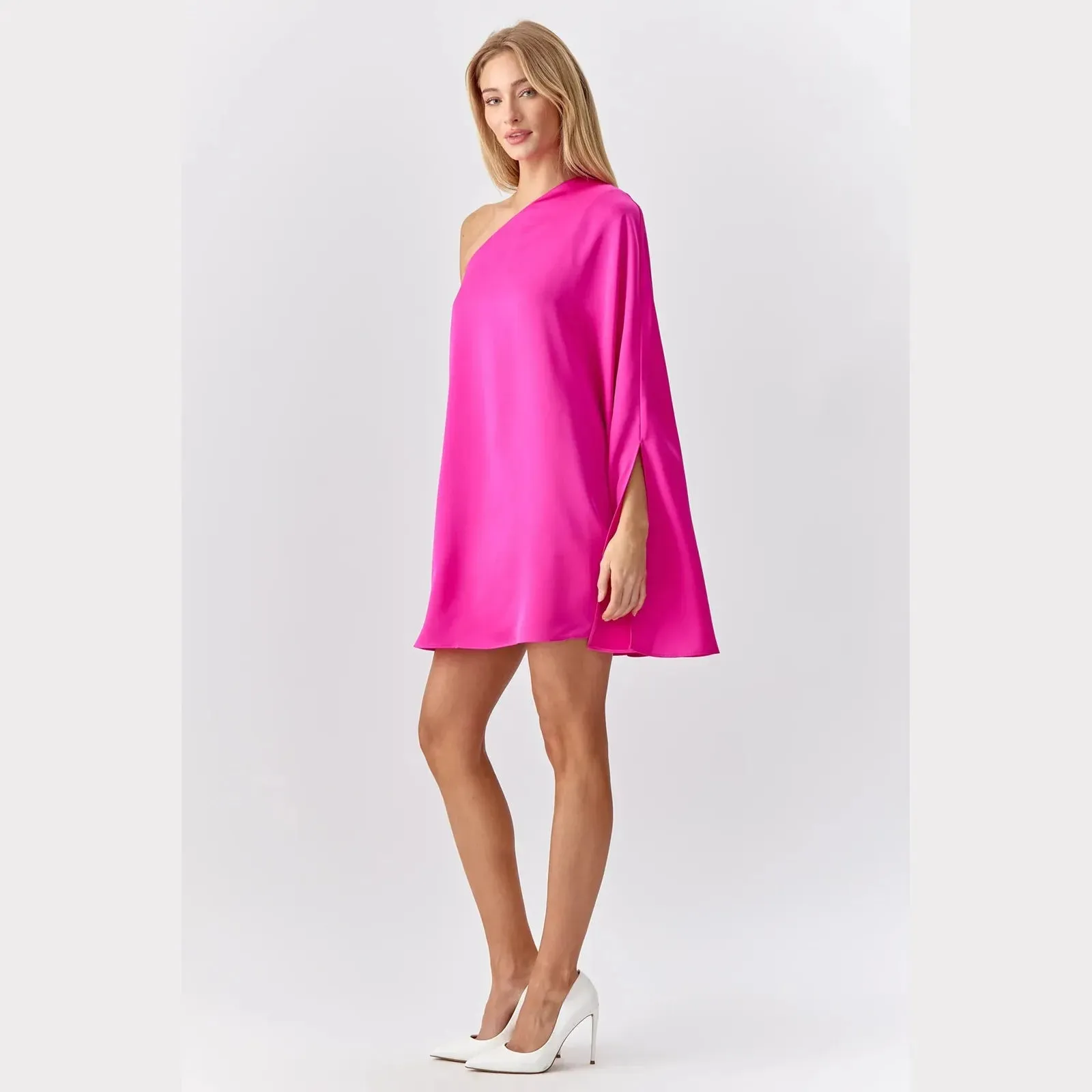 Adelyn Rae Cameron One Shoulder Cape Dress