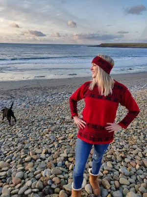 Annie Glue North Star in Cherry Red Fair Isle Boat Neck Jumper