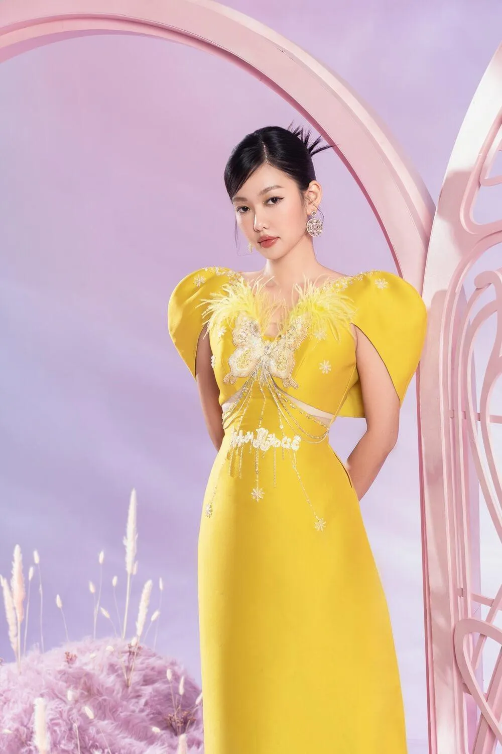 Apricot Fitted Cape Sleeved Taffeta Long Length Ao Dai