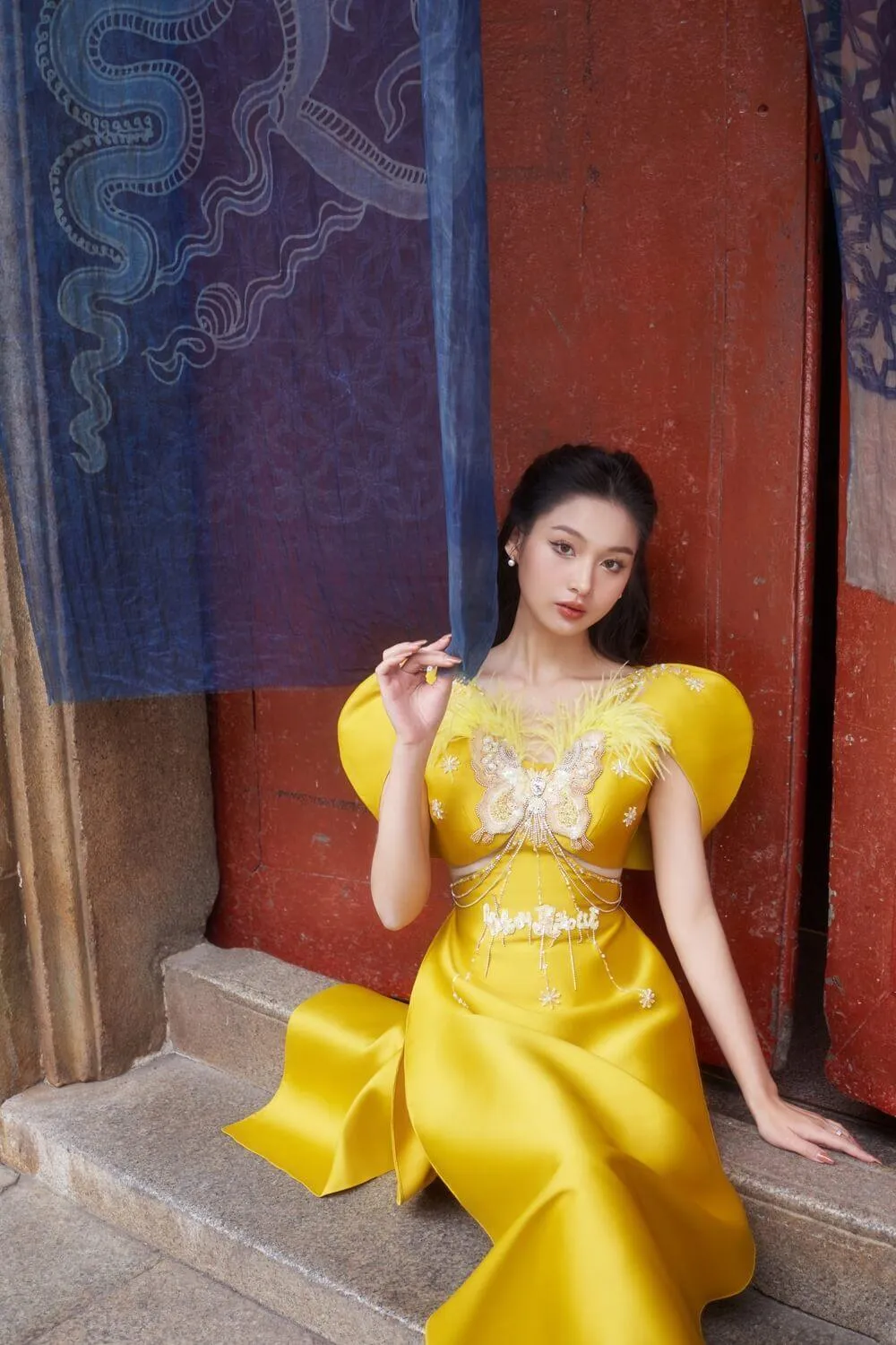 Apricot Fitted Cape Sleeved Taffeta Long Length Ao Dai