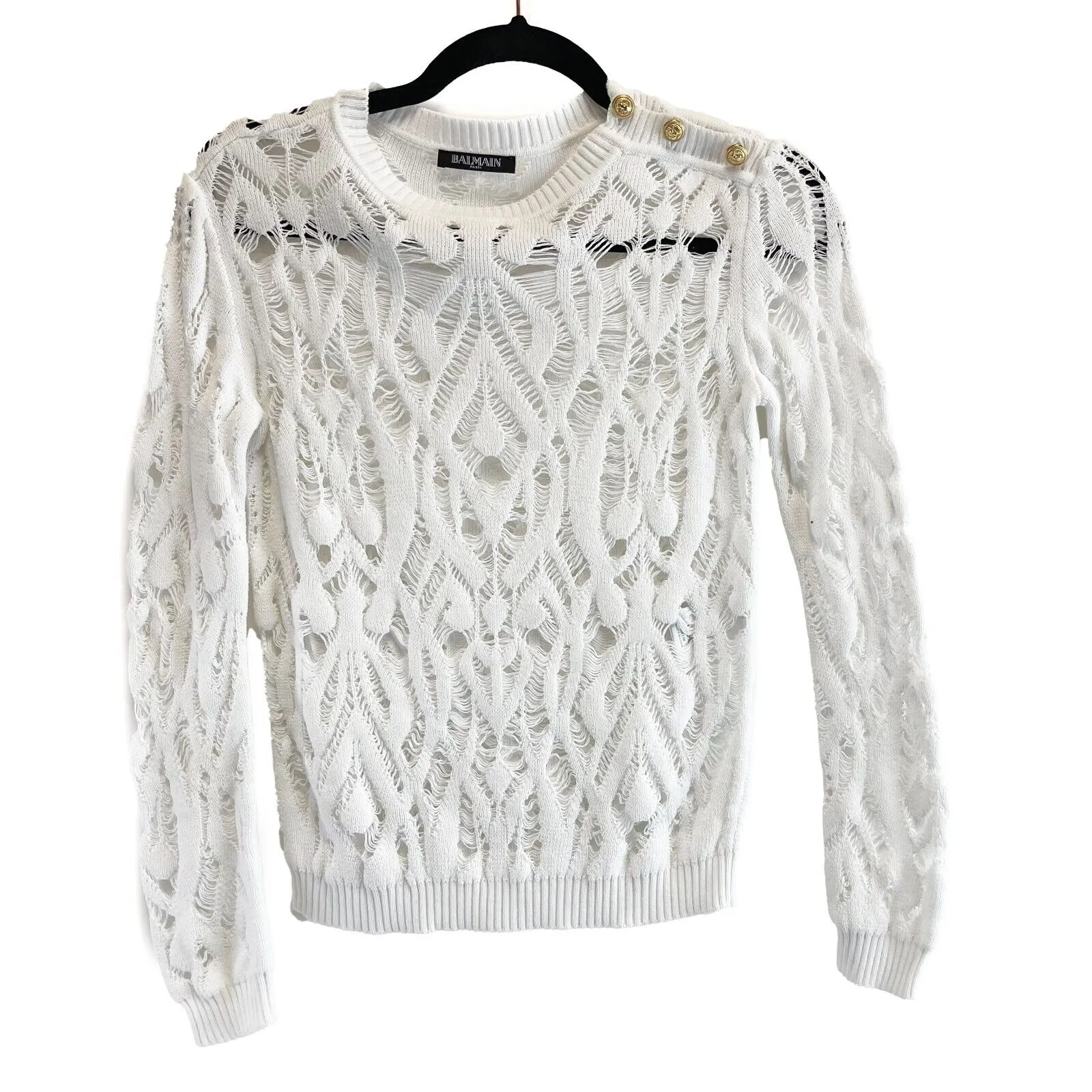 Balmain Pristine Crochet Destroyed Cotton Knit White Sweater 34 XS US 2