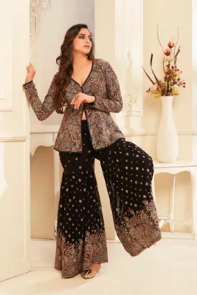 Black Embellished Oasis Silk Cape Set