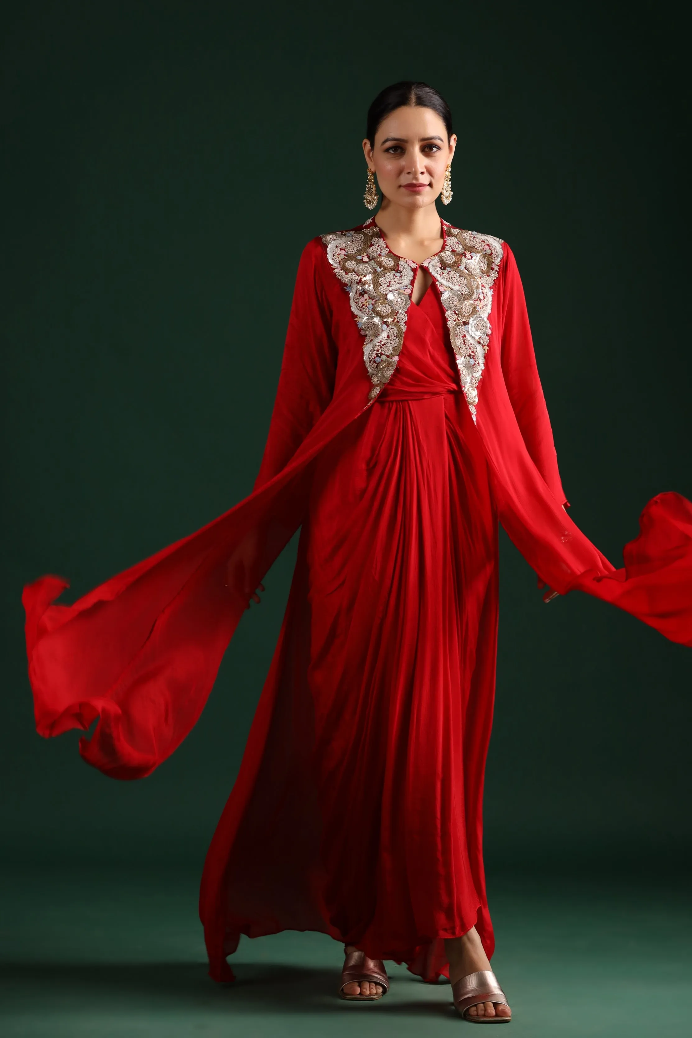 Elegant Draped Cape Dress with Stunning Red Embellishments