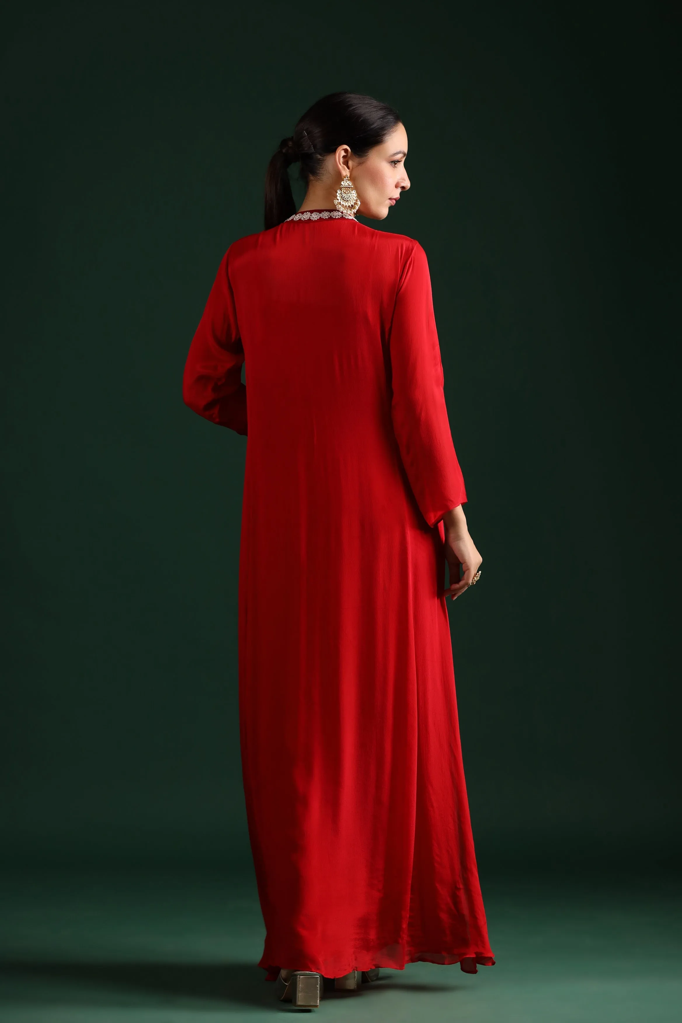 Elegant Draped Cape Dress with Stunning Red Embellishments