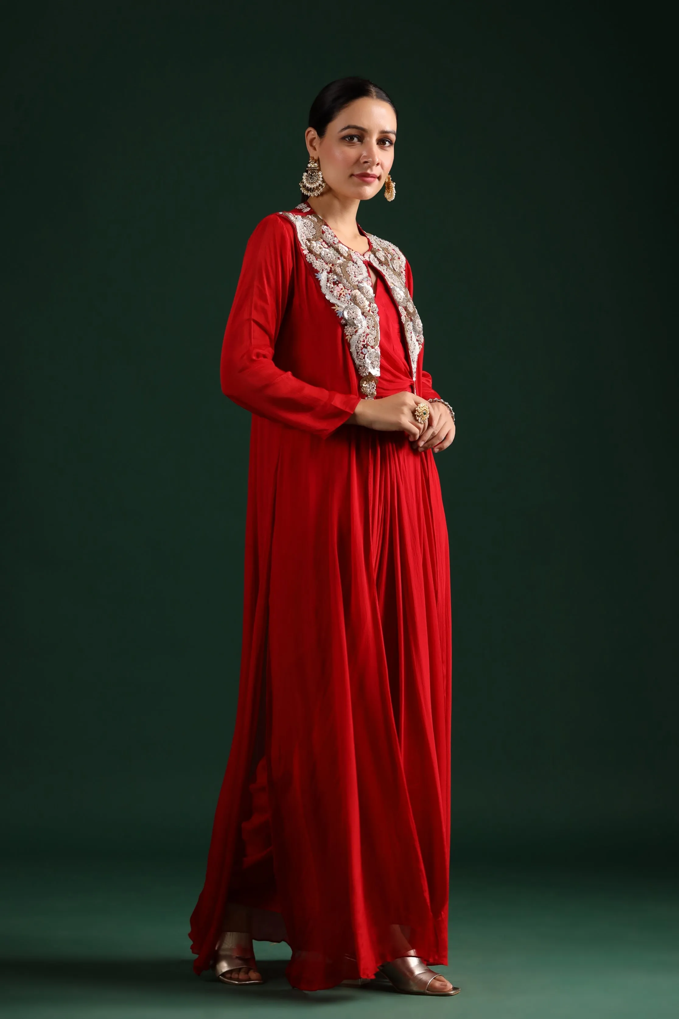 Elegant Draped Cape Dress with Stunning Red Embellishments