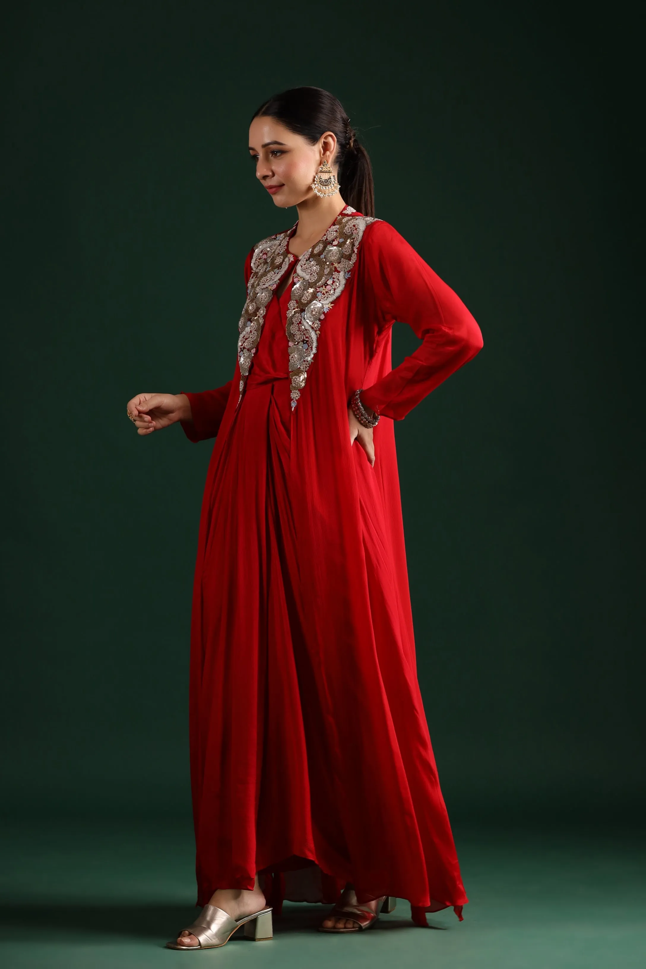 Elegant Draped Cape Dress with Stunning Red Embellishments