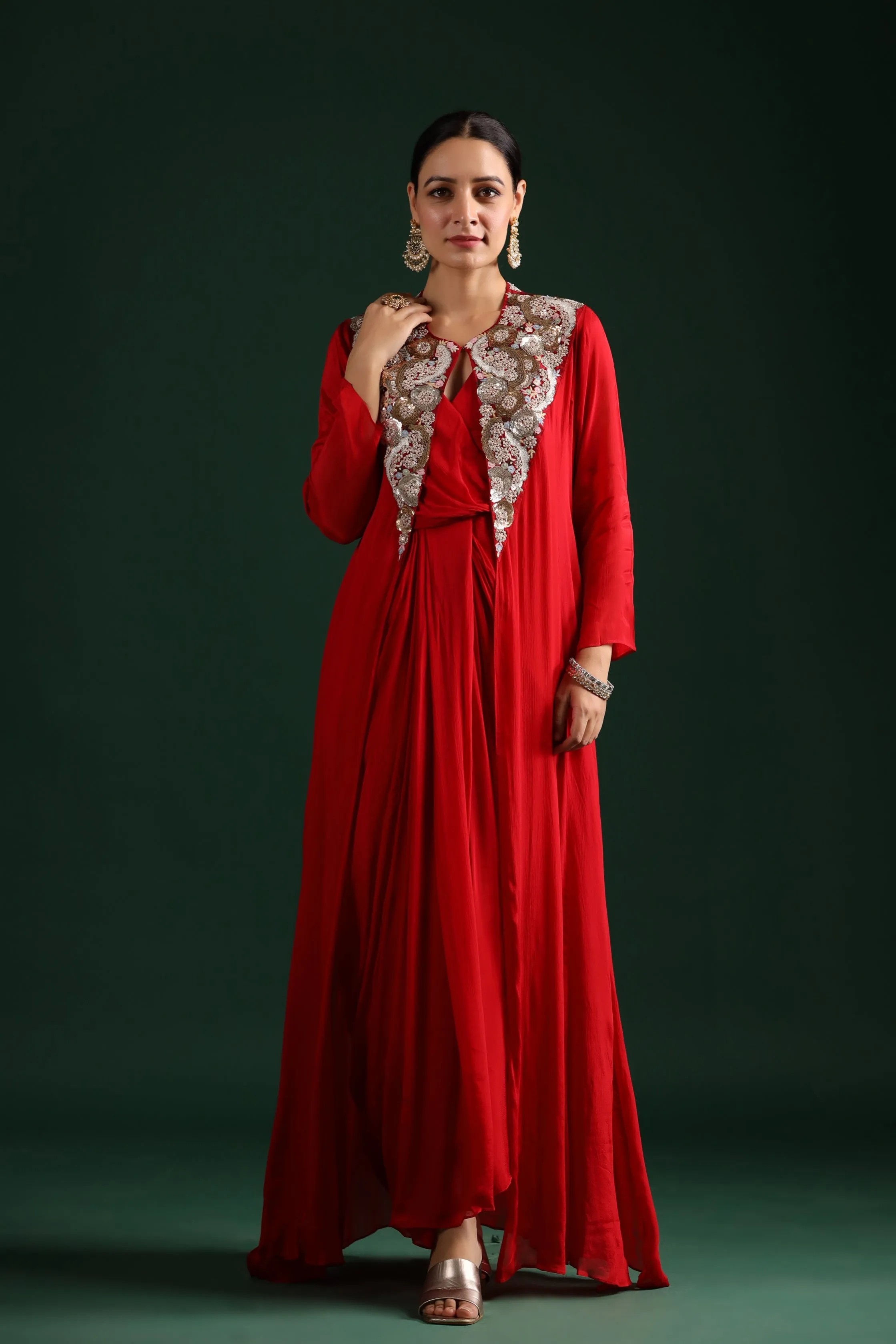 Elegant Draped Cape Dress with Stunning Red Embellishments