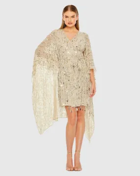 Cape Back Fringe Beaded Robe Dress