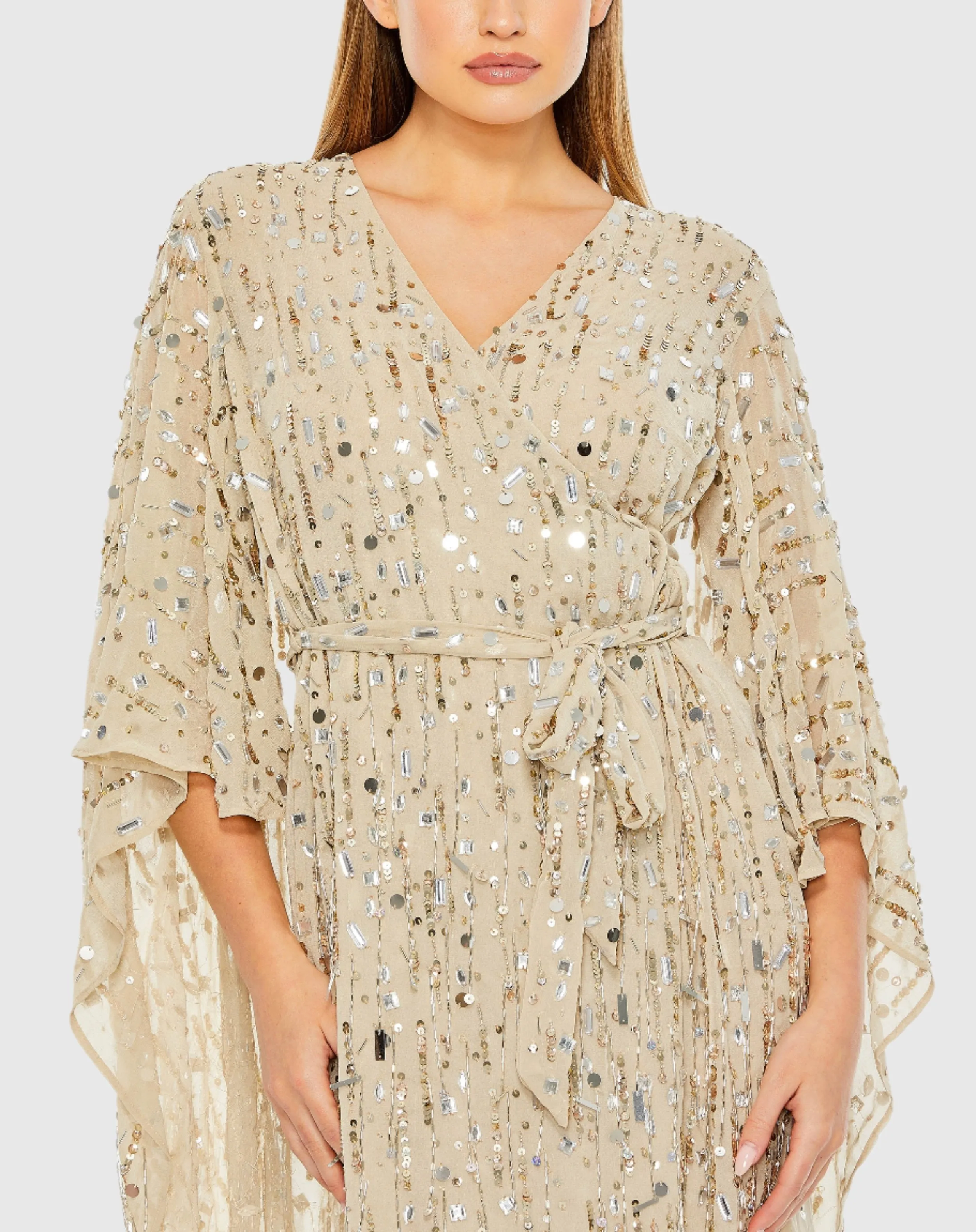 Cape Back Fringe Beaded Robe Dress