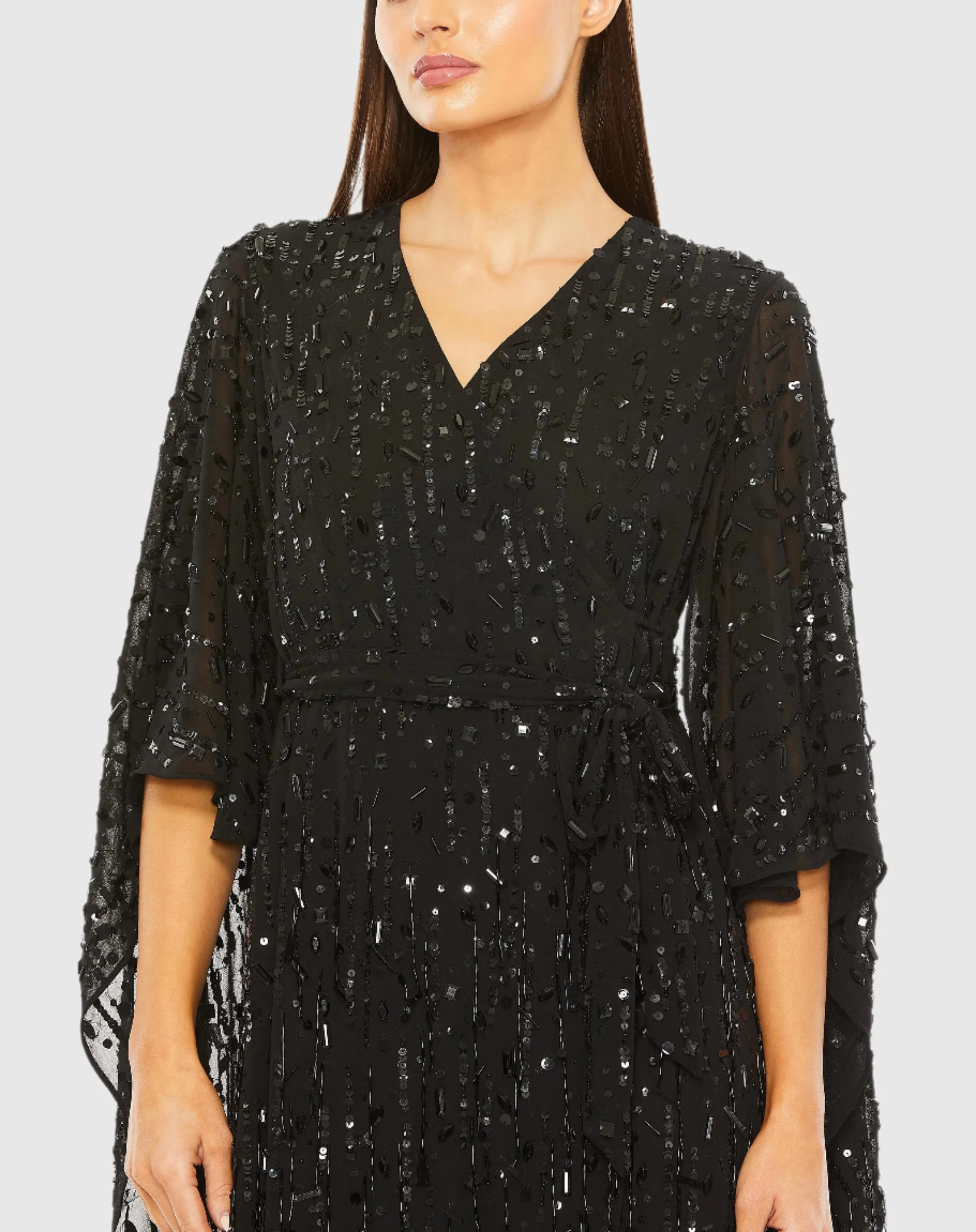 Cape Back Fringe Beaded Robe Dress