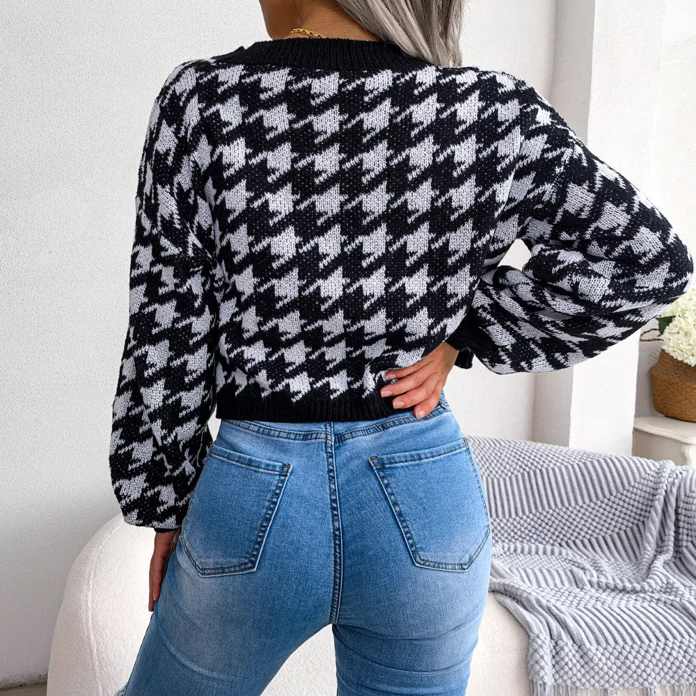 Casual Houndstooth Lantern Long Sleeve Loose Single-Breasted Cardigan Wholesale Sweater Coat