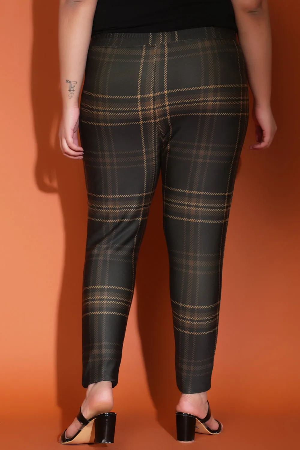 Dark Tan Check Warm Winter Fleece Leggings