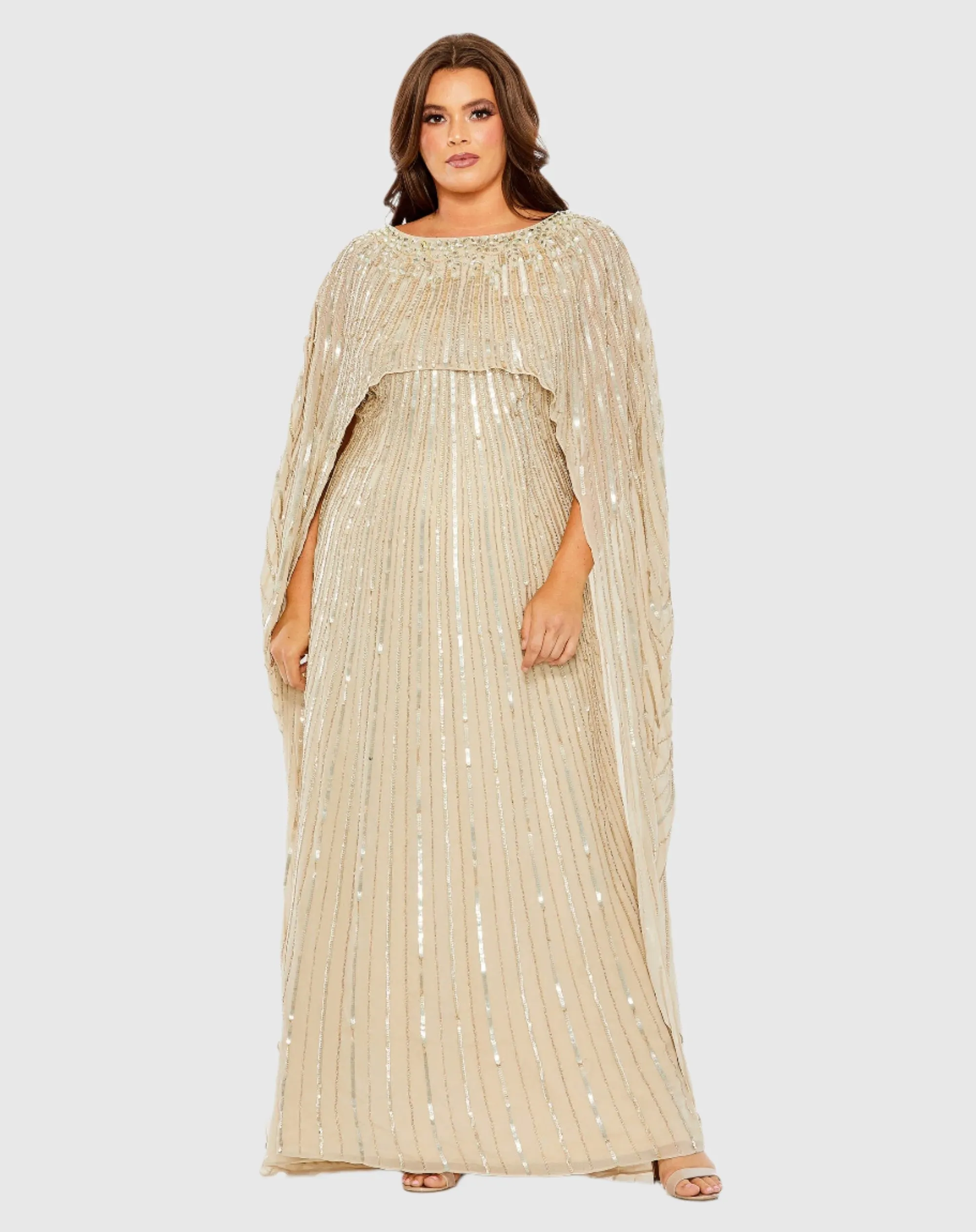 Embellished Column Cape Gown