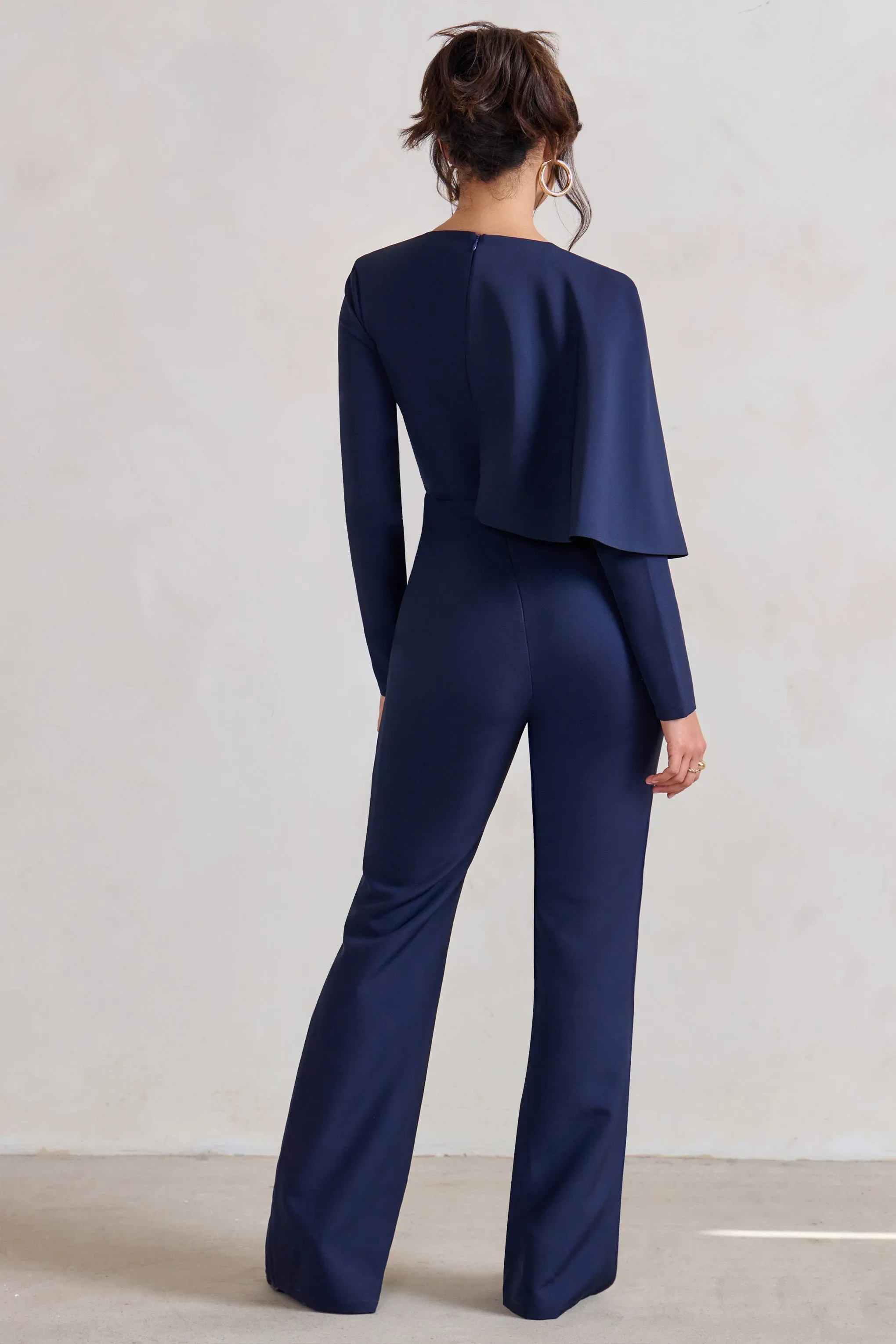 Erika | Navy Plunge Jumpsuit with One-Shoulder Cape Overlay