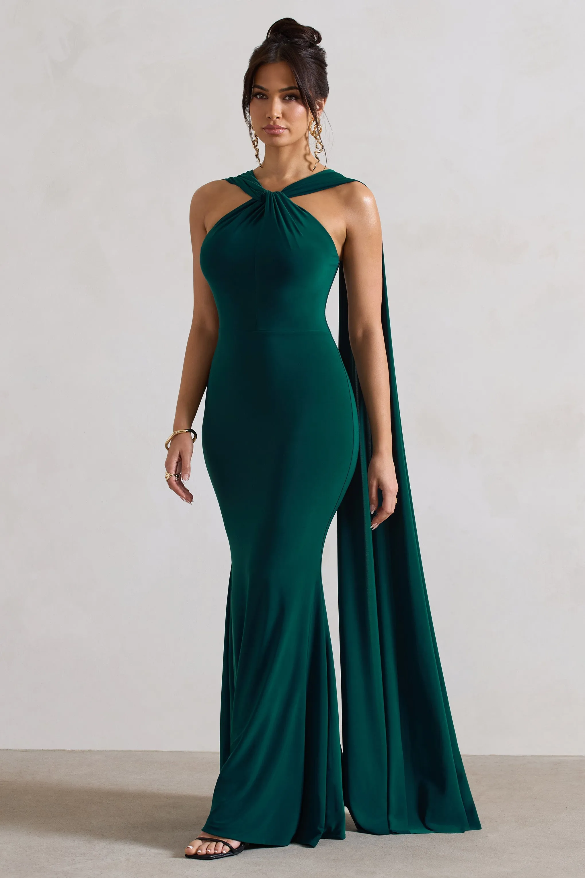 First Glance | Bottle Green Twist-Neck Cape Maxi Dress