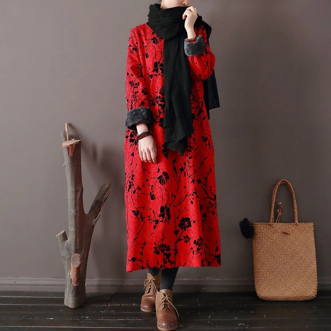 Floral Ethnic Style Fleece Dress