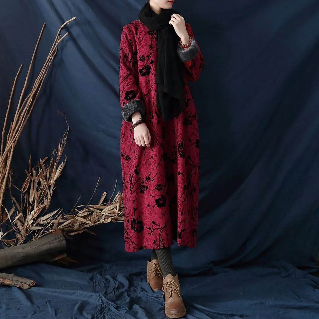 Floral Ethnic Style Fleece Dress