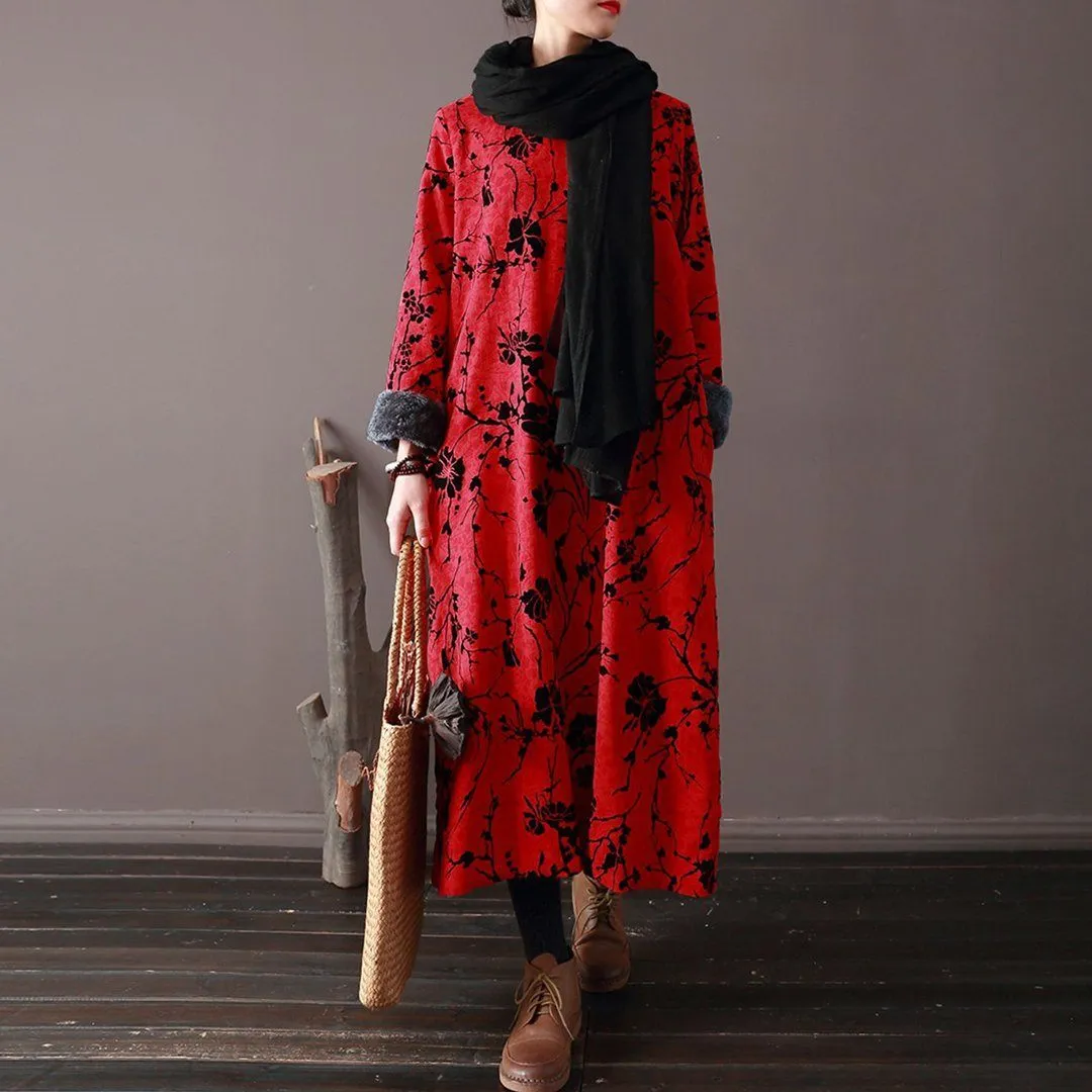 Floral Ethnic Style Fleece Dress