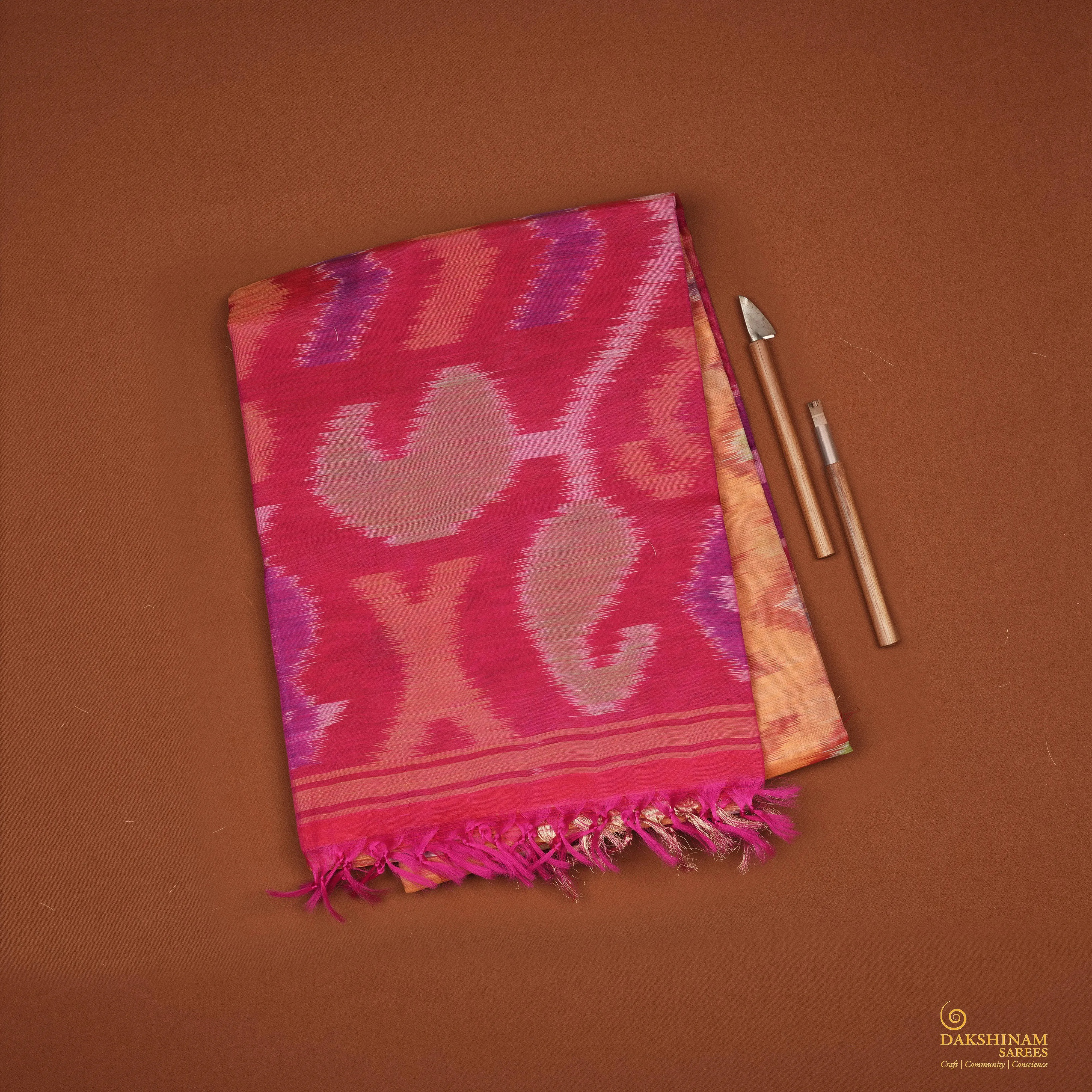 Handwoven Orange with Pink Silk Cotton Saree - 2169T010130DSC