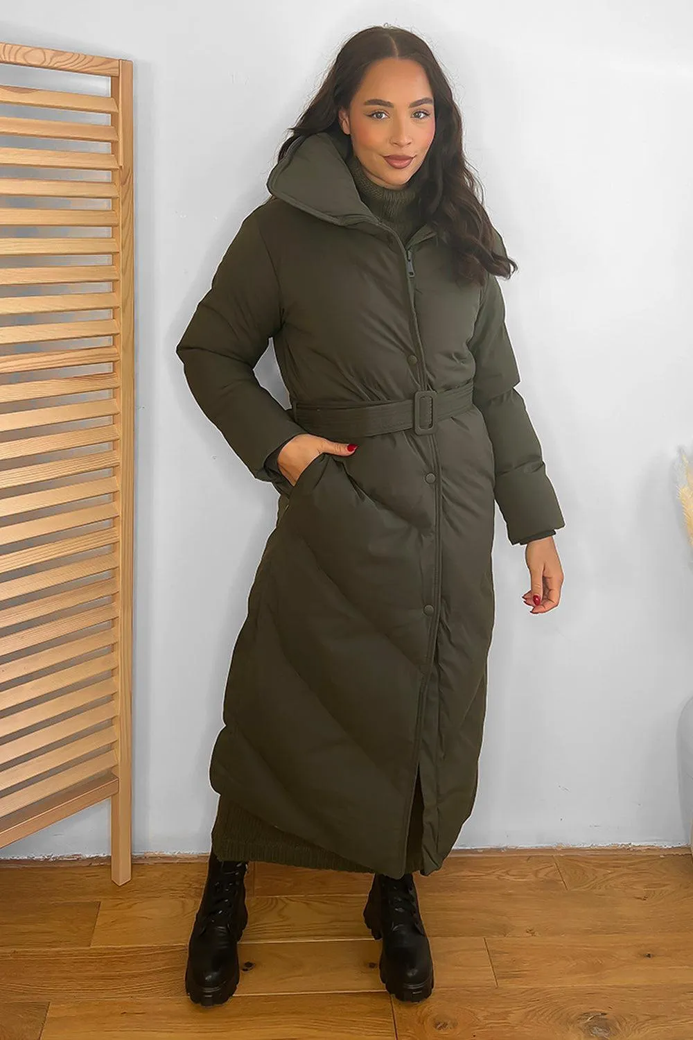 Stylish High Neck Belted Midi Puffer Jacket with Flattering Fit