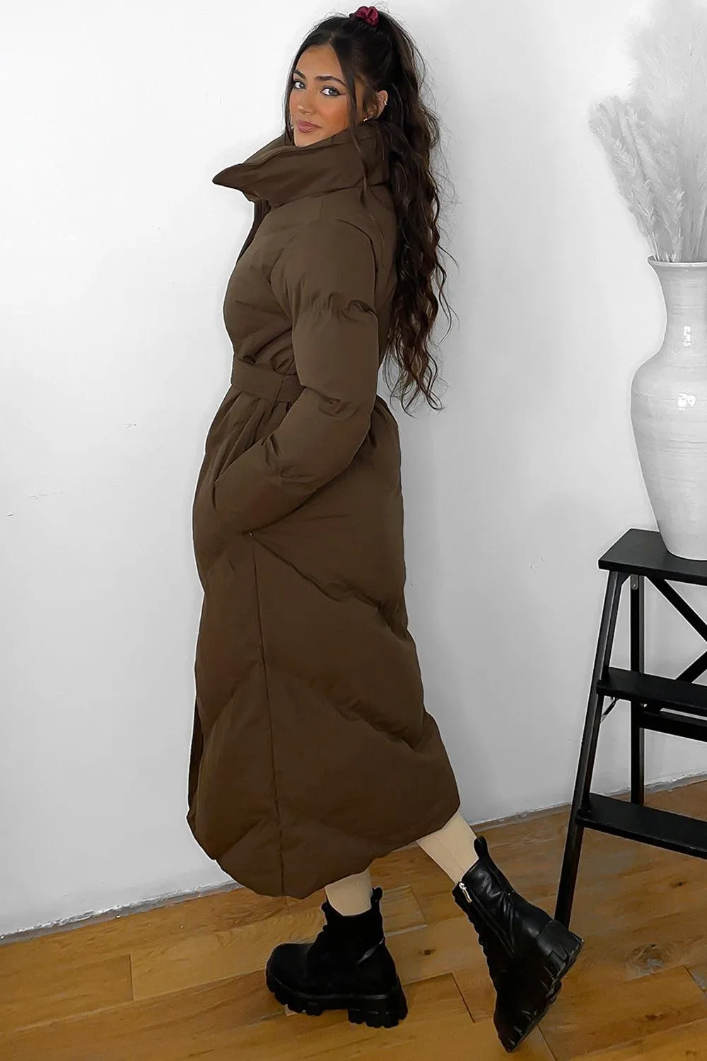 Stylish High Neck Belted Midi Puffer Jacket with Flattering Fit