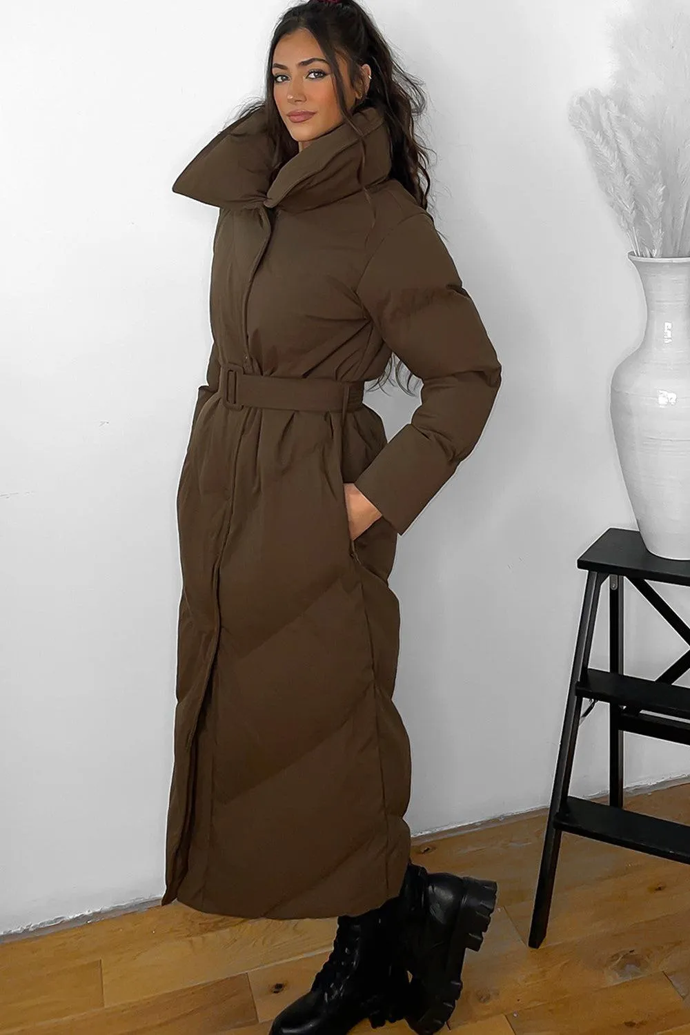 Stylish High Neck Belted Midi Puffer Jacket with Flattering Fit