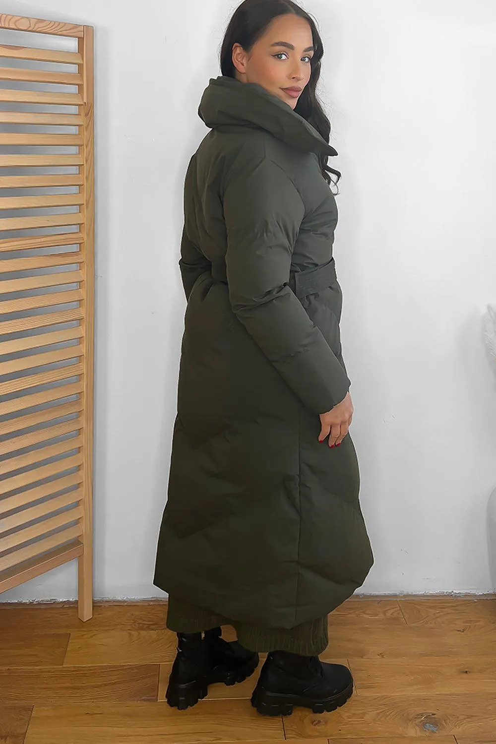 Stylish High Neck Belted Midi Puffer Jacket with Flattering Fit