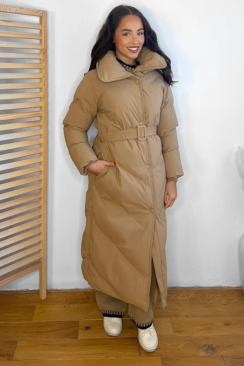 Stylish High Neck Belted Midi Puffer Jacket with Flattering Fit