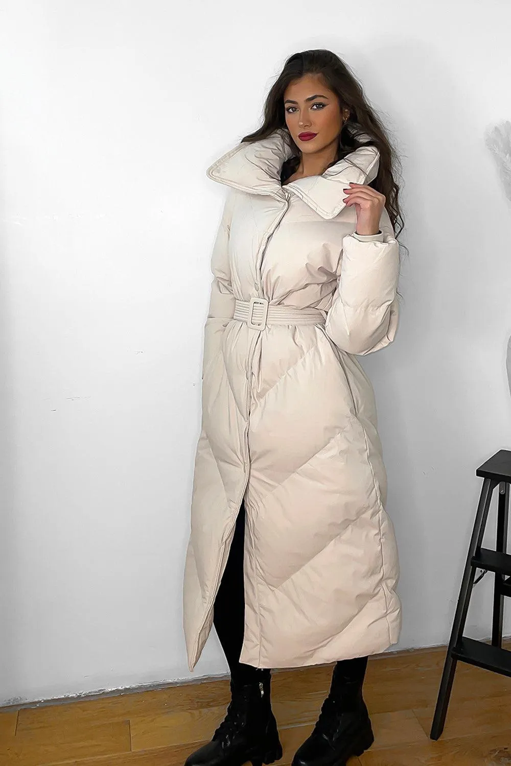 Stylish High Neck Belted Midi Puffer Jacket with Flattering Fit