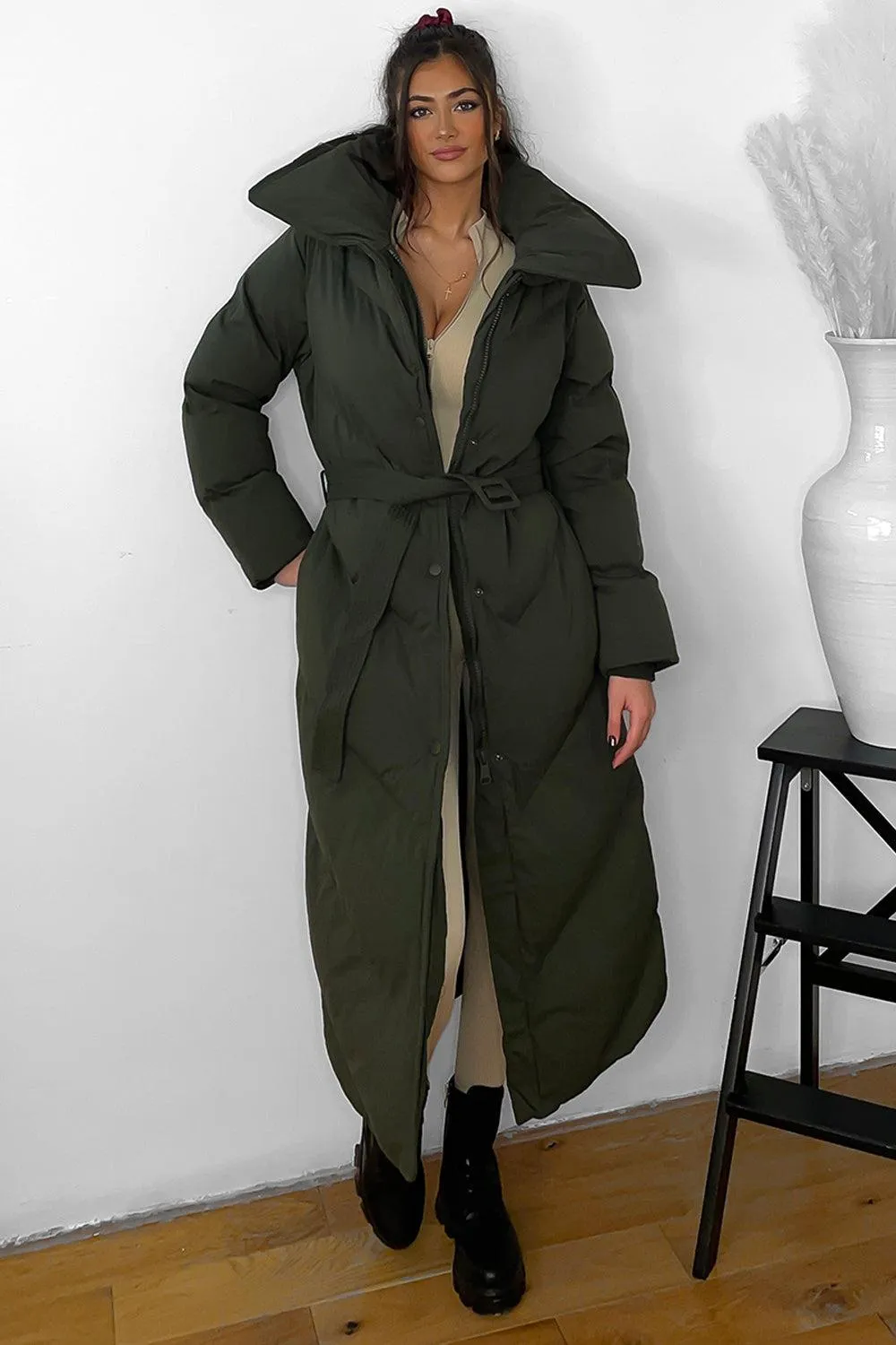 Stylish High Neck Belted Midi Puffer Jacket with Flattering Fit