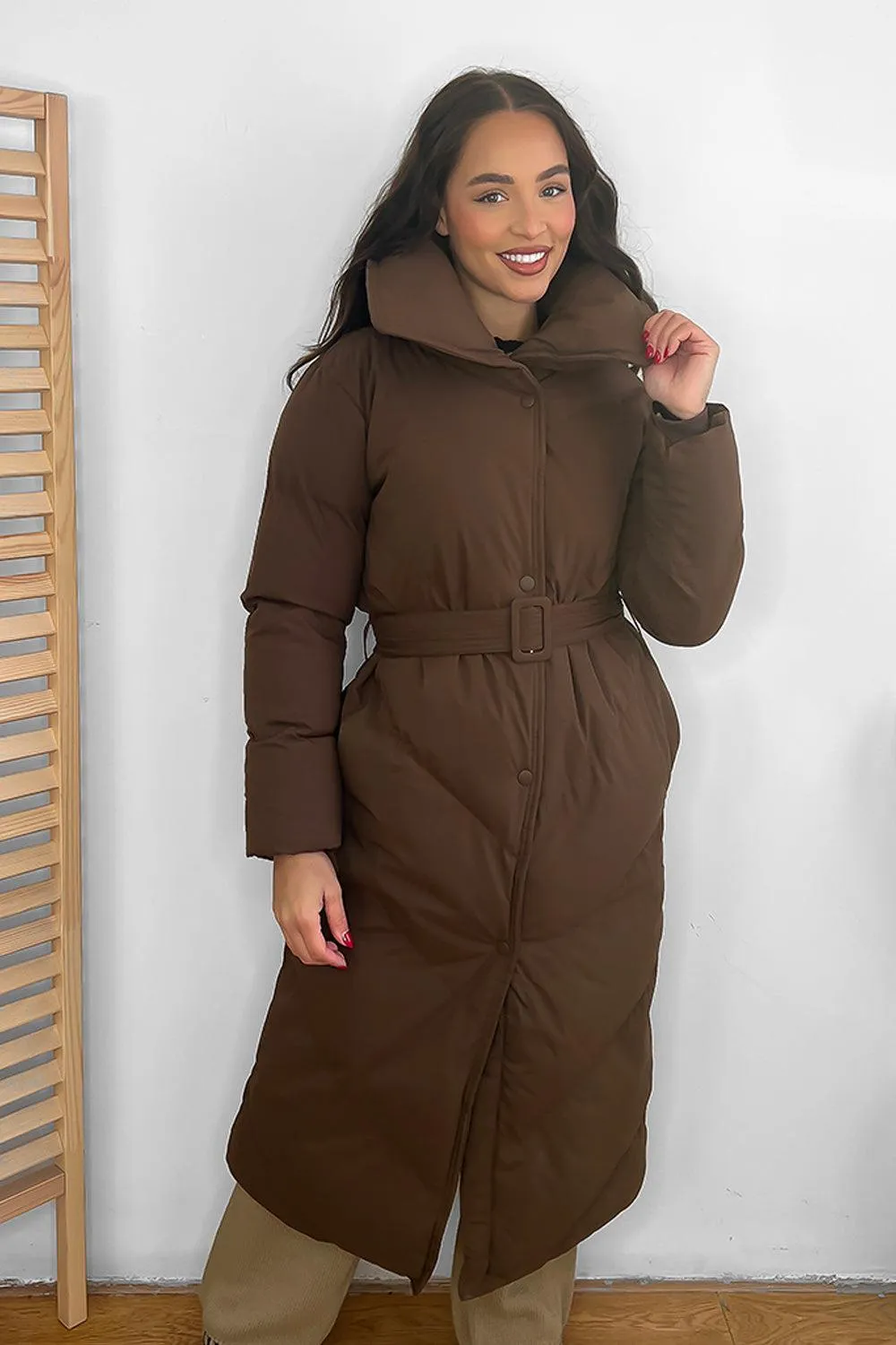 Stylish High Neck Belted Midi Puffer Jacket with Flattering Fit