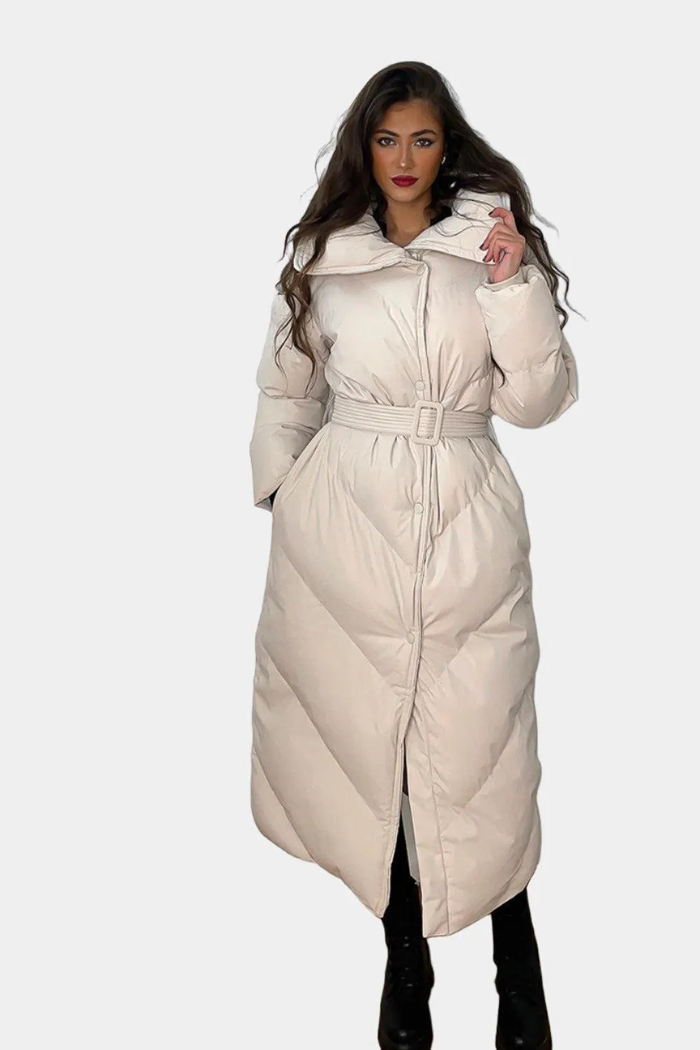 Stylish High Neck Belted Midi Puffer Jacket with Flattering Fit