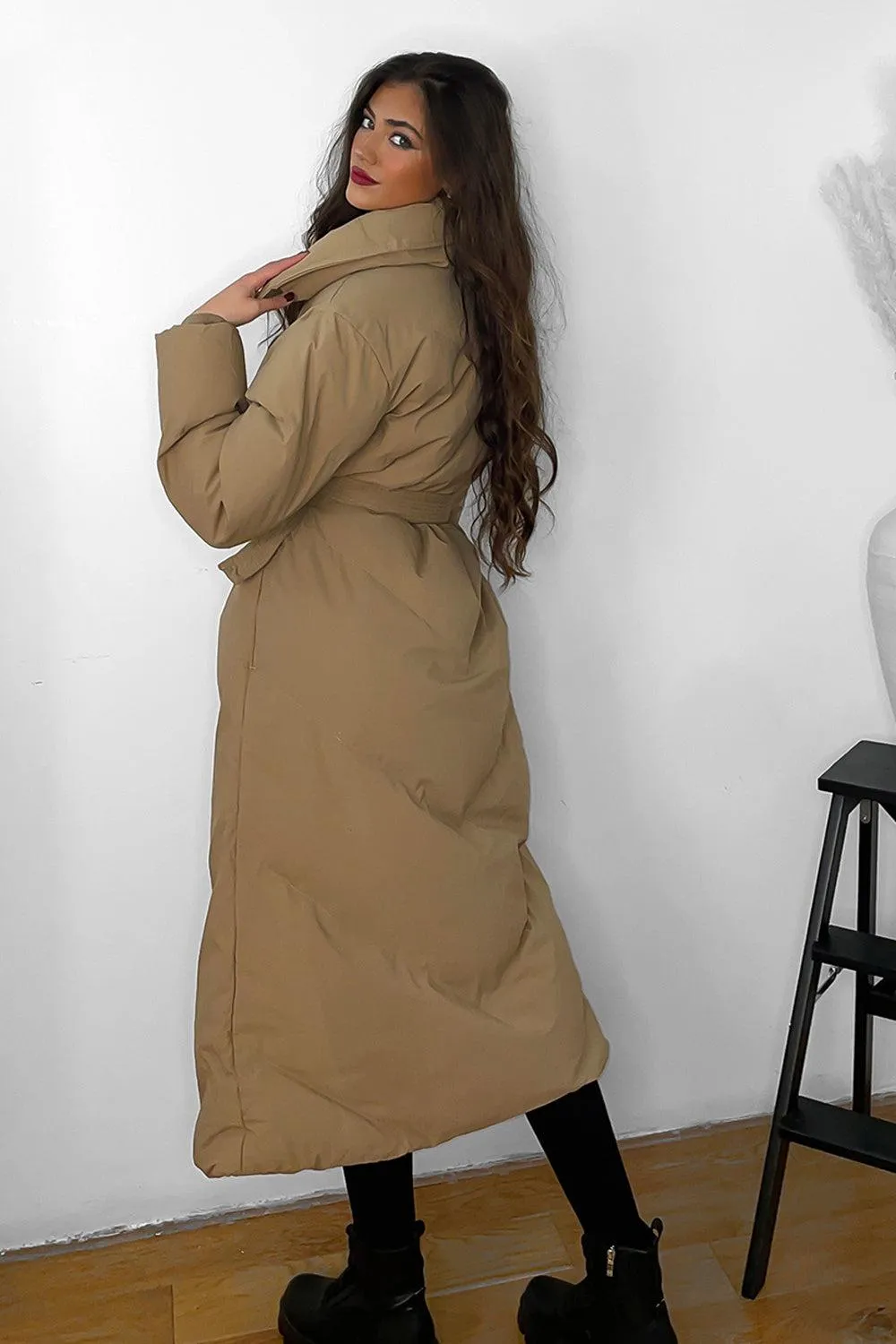 Stylish High Neck Belted Midi Puffer Jacket with Flattering Fit