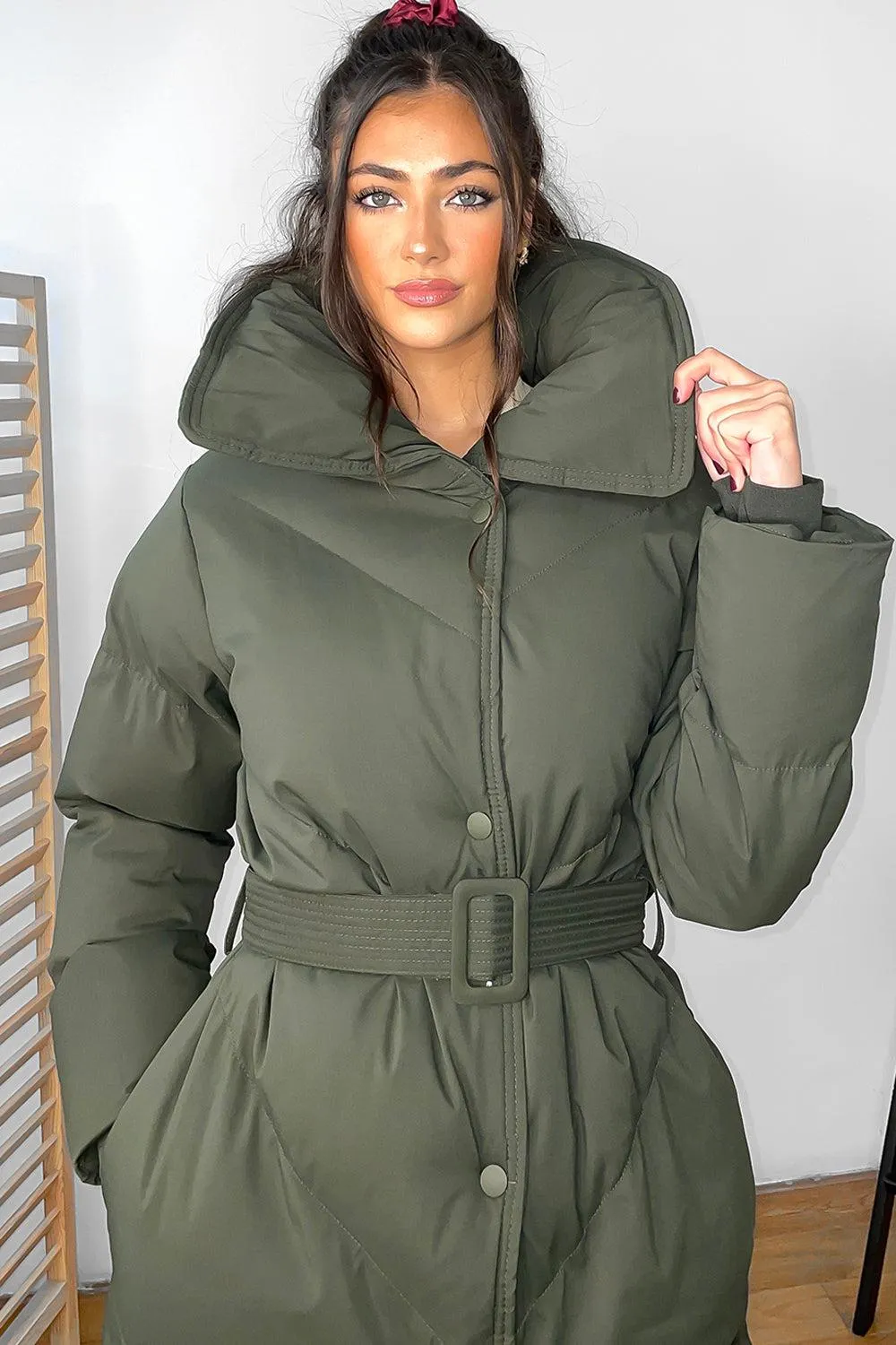 Stylish High Neck Belted Midi Puffer Jacket with Flattering Fit