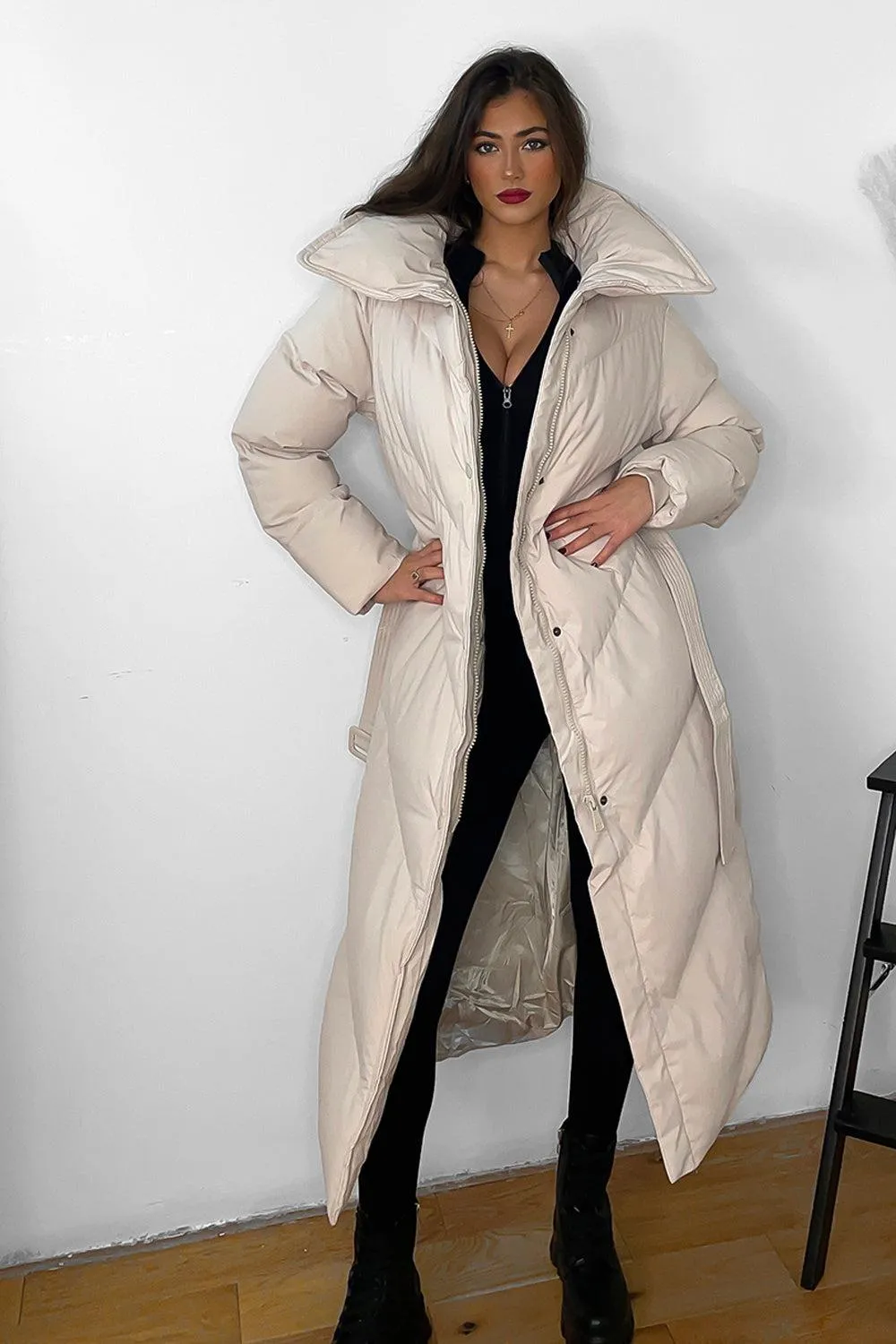 Stylish High Neck Belted Midi Puffer Jacket with Flattering Fit