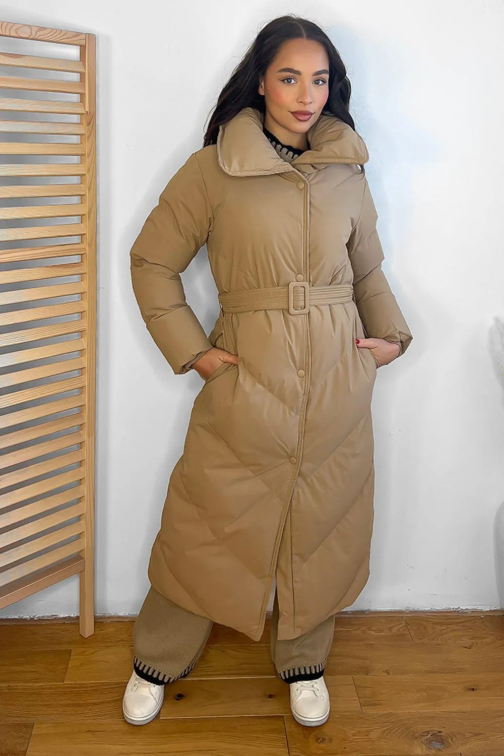 Stylish High Neck Belted Midi Puffer Jacket with Flattering Fit