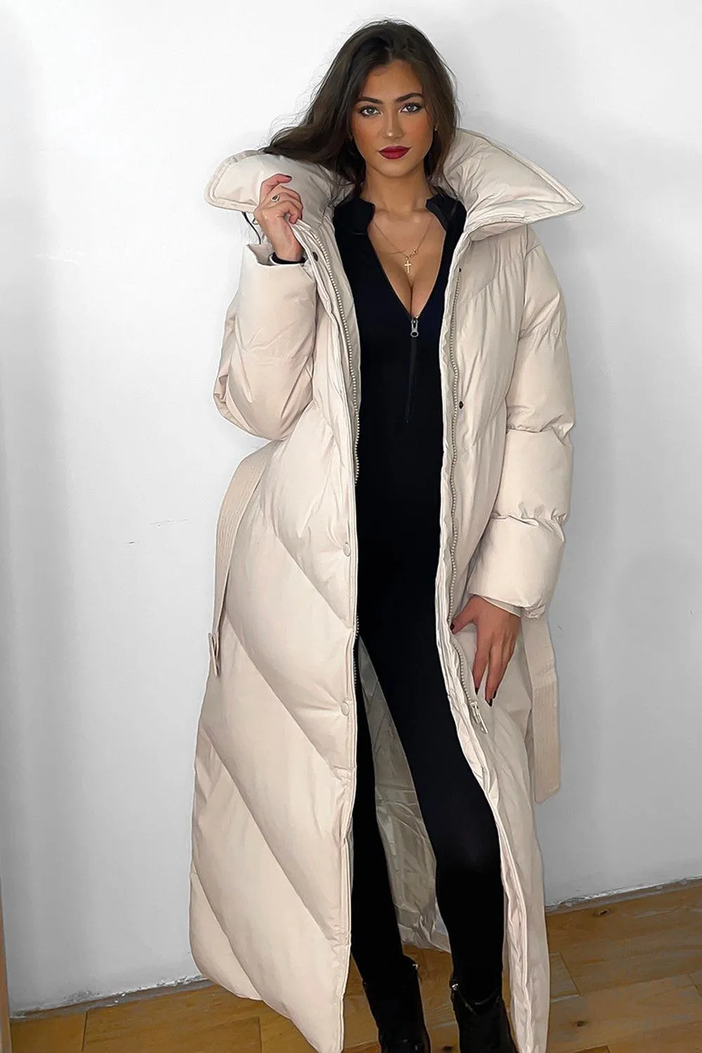 Stylish High Neck Belted Midi Puffer Jacket with Flattering Fit