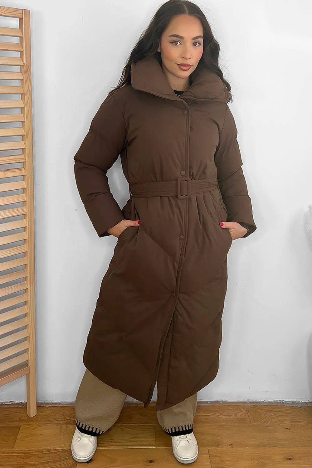 Stylish High Neck Belted Midi Puffer Jacket with Flattering Fit