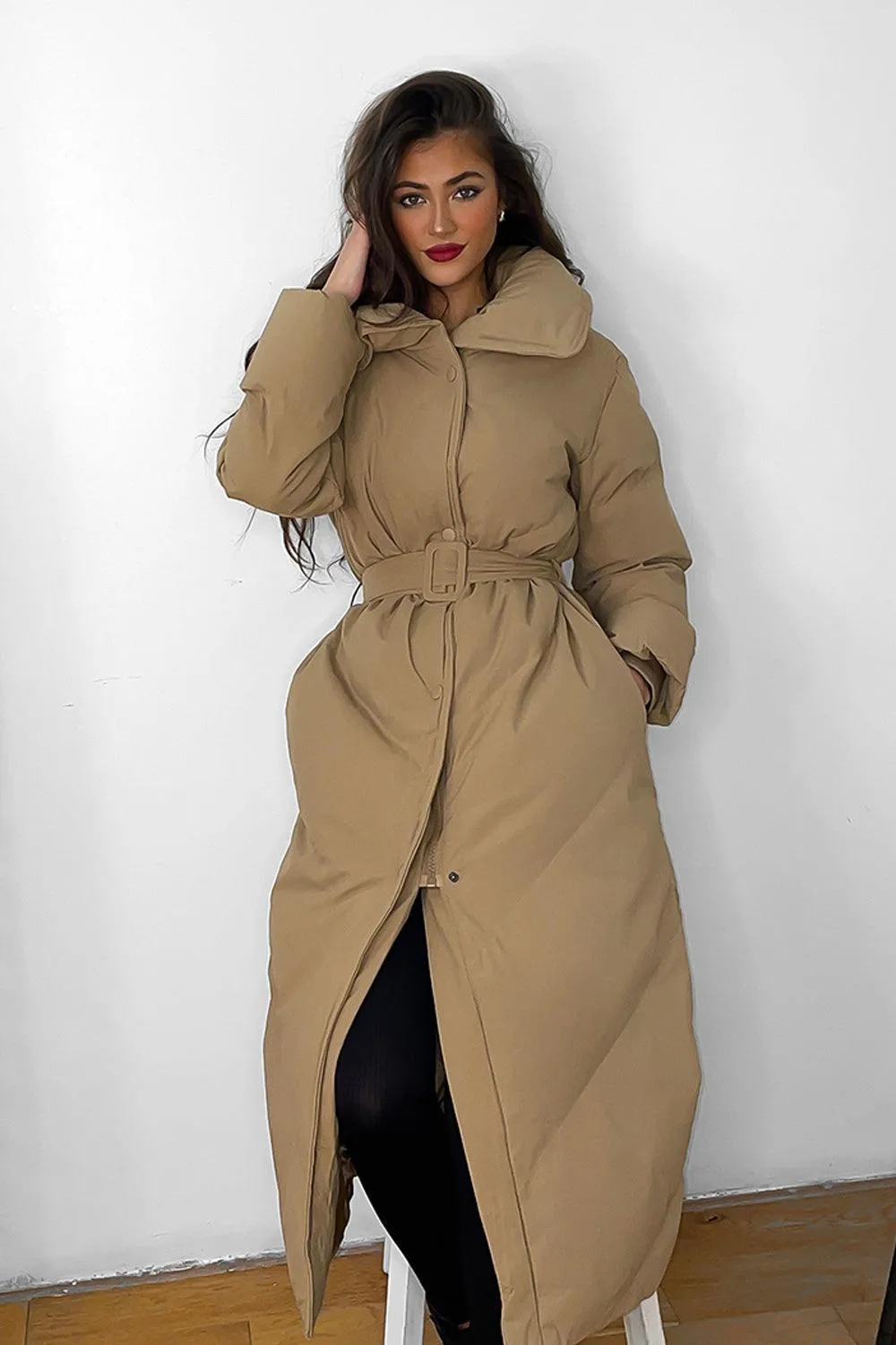 Stylish High Neck Belted Midi Puffer Jacket with Flattering Fit