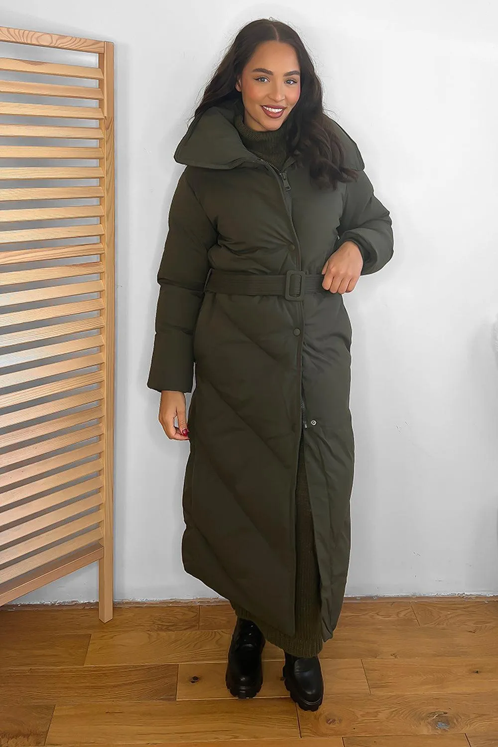 Stylish High Neck Belted Midi Puffer Jacket with Flattering Fit