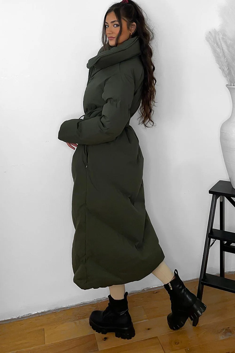 Stylish High Neck Belted Midi Puffer Jacket with Flattering Fit