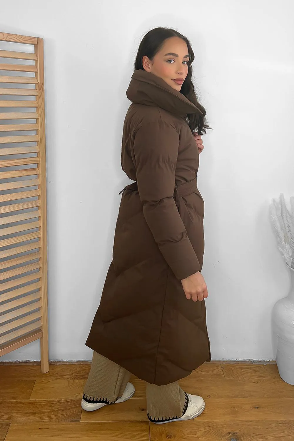 Stylish High Neck Belted Midi Puffer Jacket with Flattering Fit