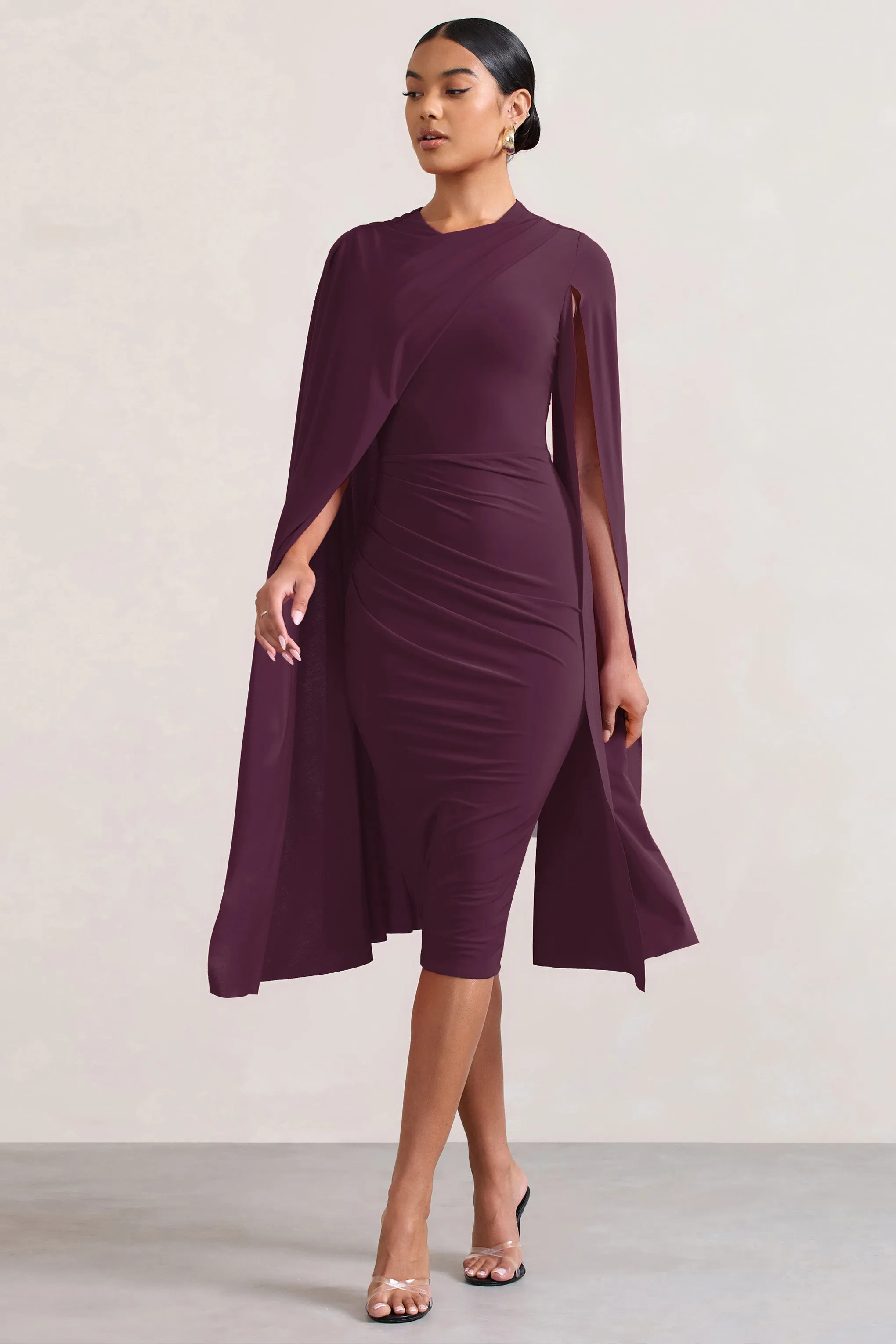 Marysol | Plum Asymmetric Cape Midi Dress