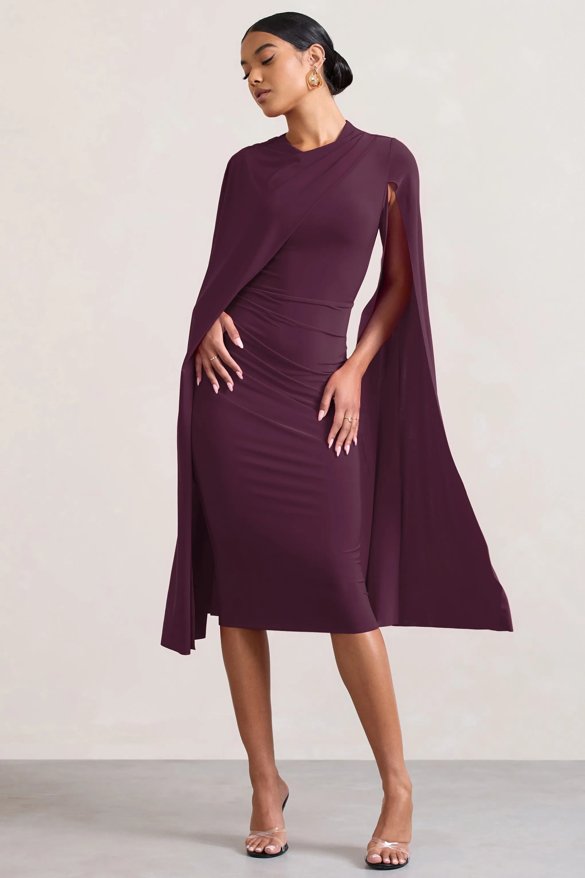 Marysol | Plum Asymmetric Cape Midi Dress