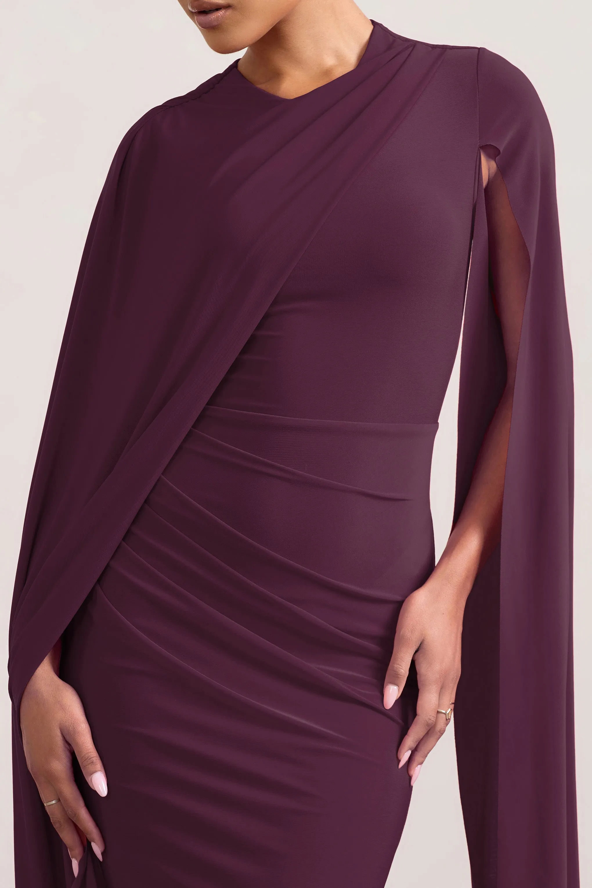 Marysol | Plum Asymmetric Cape Midi Dress