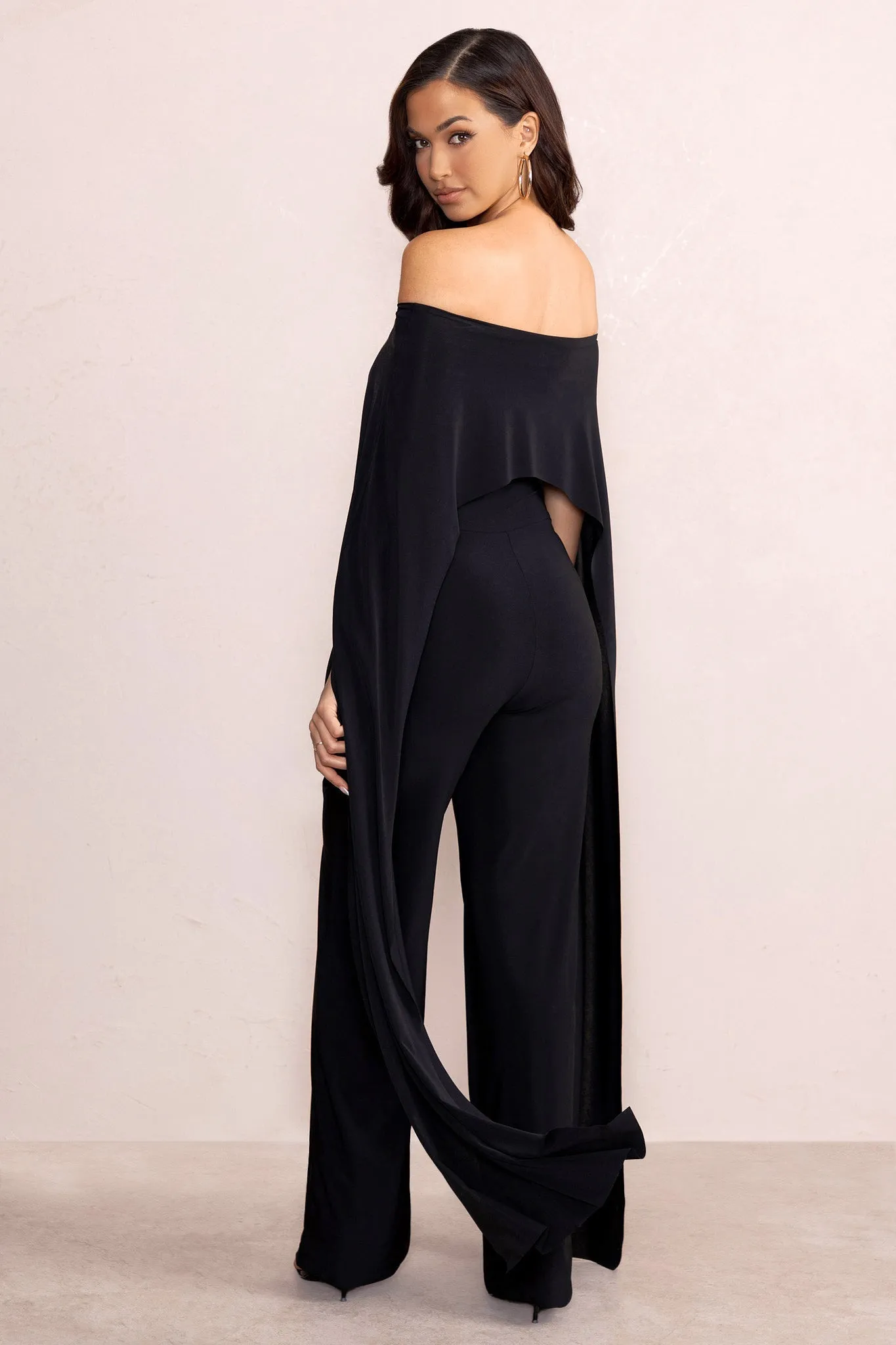 Mayara | Black Bardot Cape Sleeve Jumpsuit