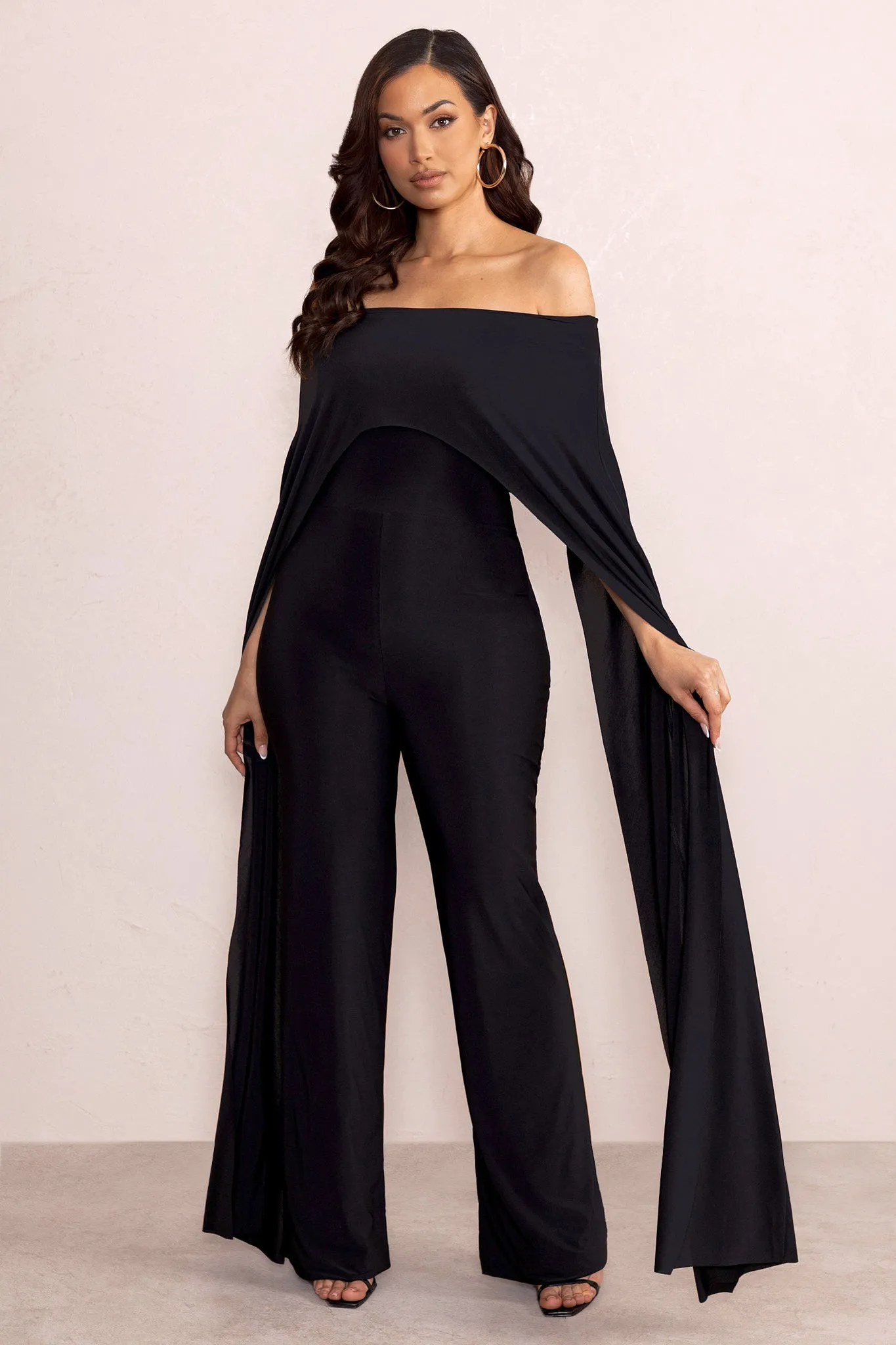 Mayara | Black Bardot Cape Sleeve Jumpsuit