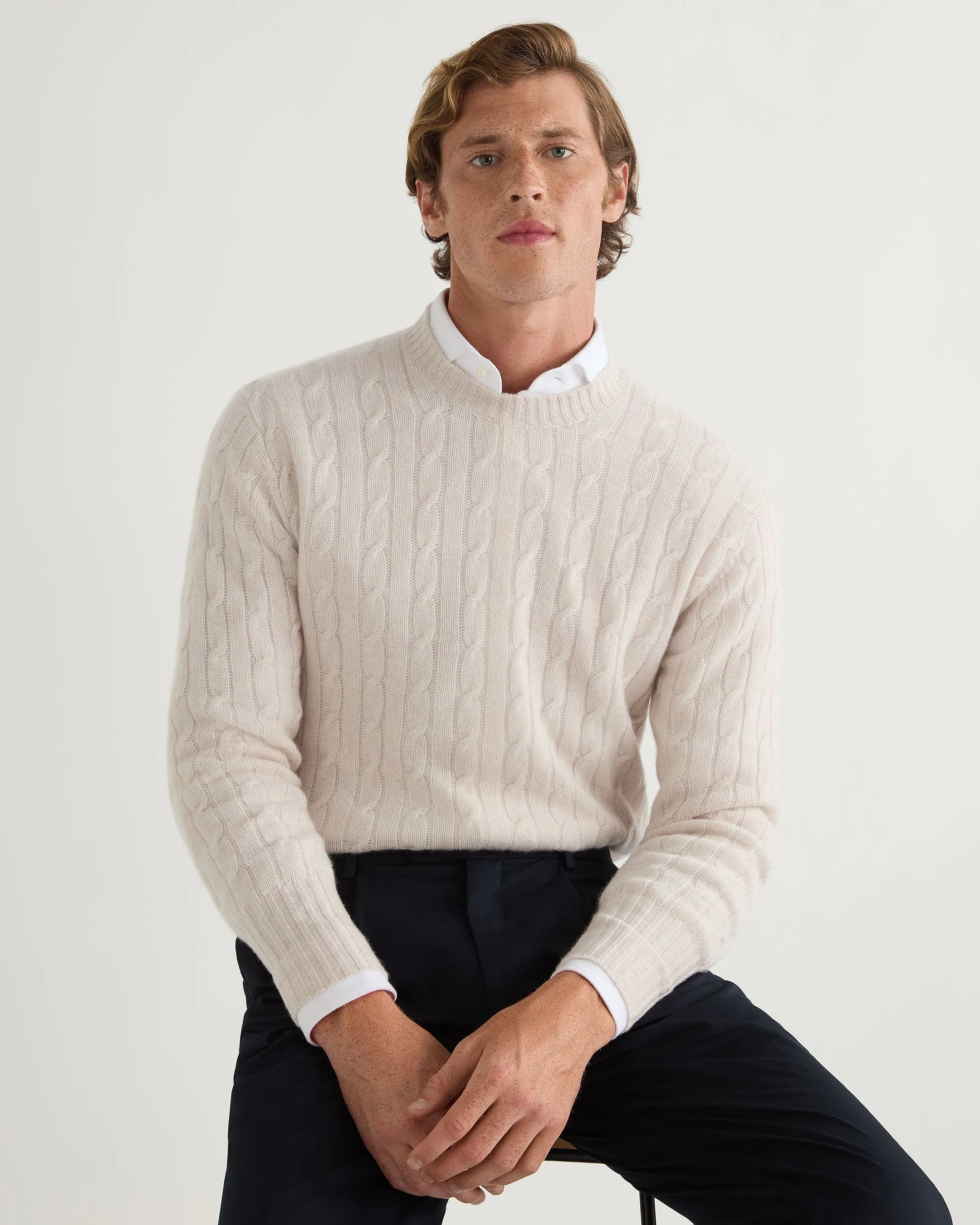 Men's Thames Cable Round Neck Cashmere Jumper Frost White