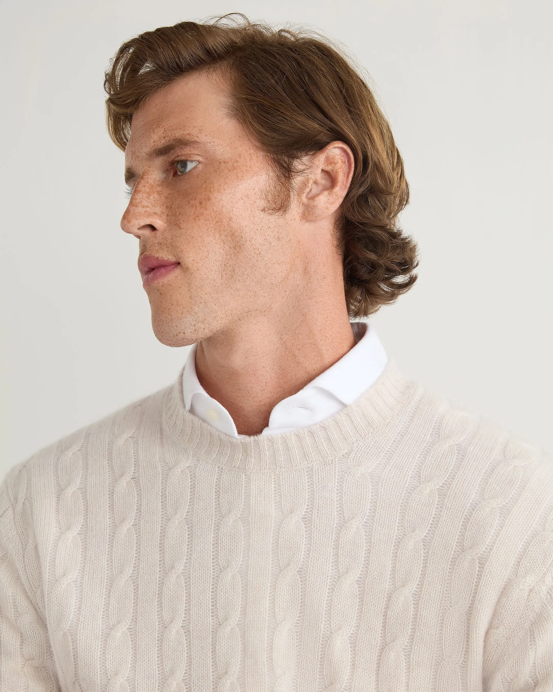 Men's Thames Cable Round Neck Cashmere Jumper Frost White