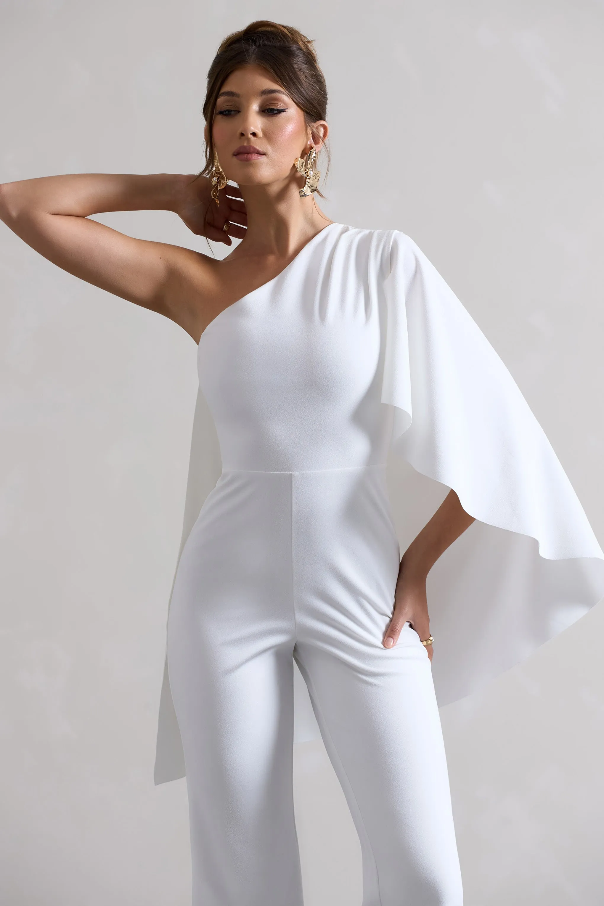 Pristine | White One Shoulder Cape Sleeve Flared-Leg Jumpsuit